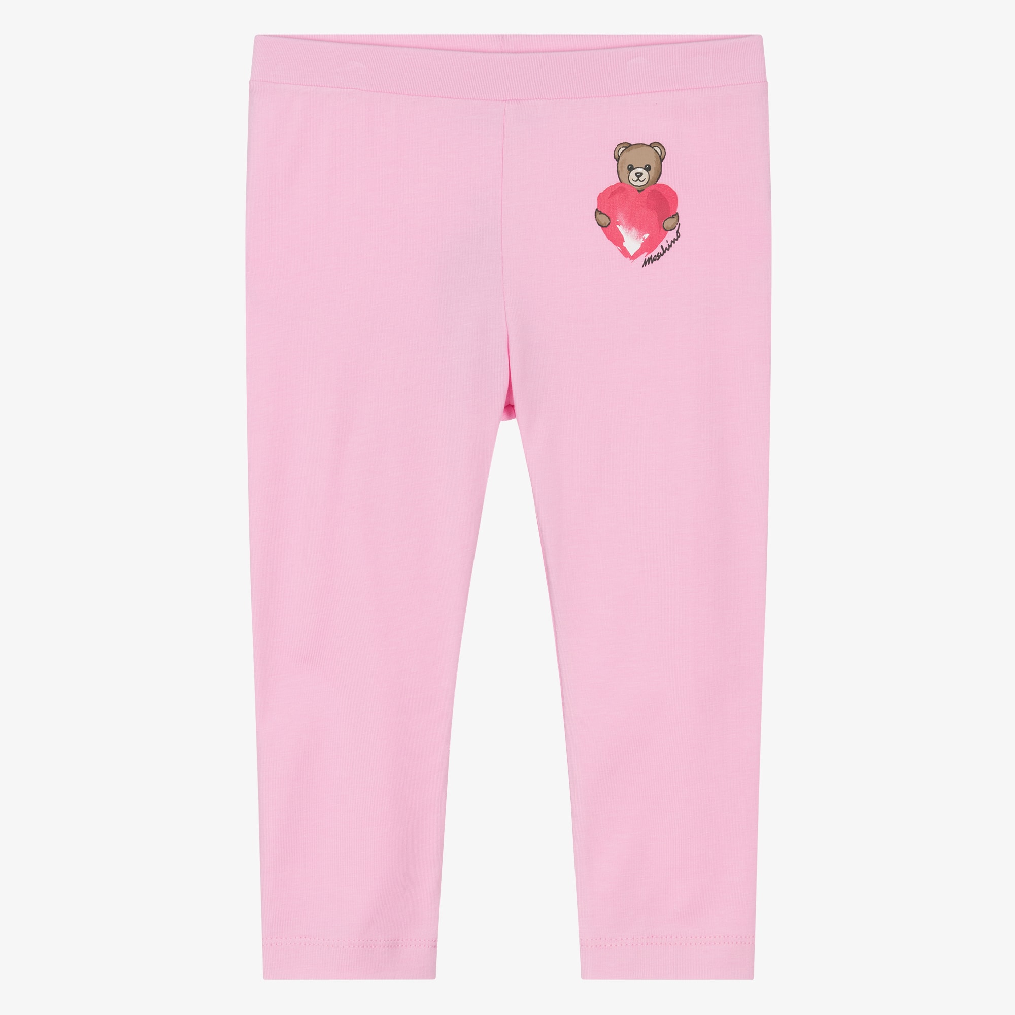 Girls Pink Heart & Teddy Bear Logo Cotton Leggings - View 1