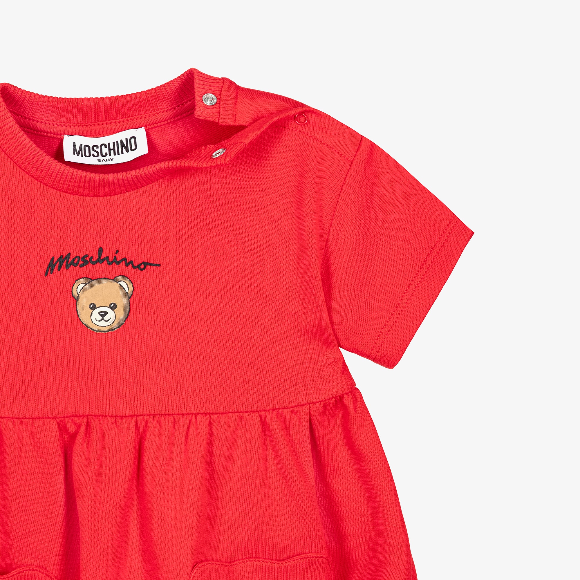 Girls Red Cotton Dress with Teddy Bear Pockets - View 3