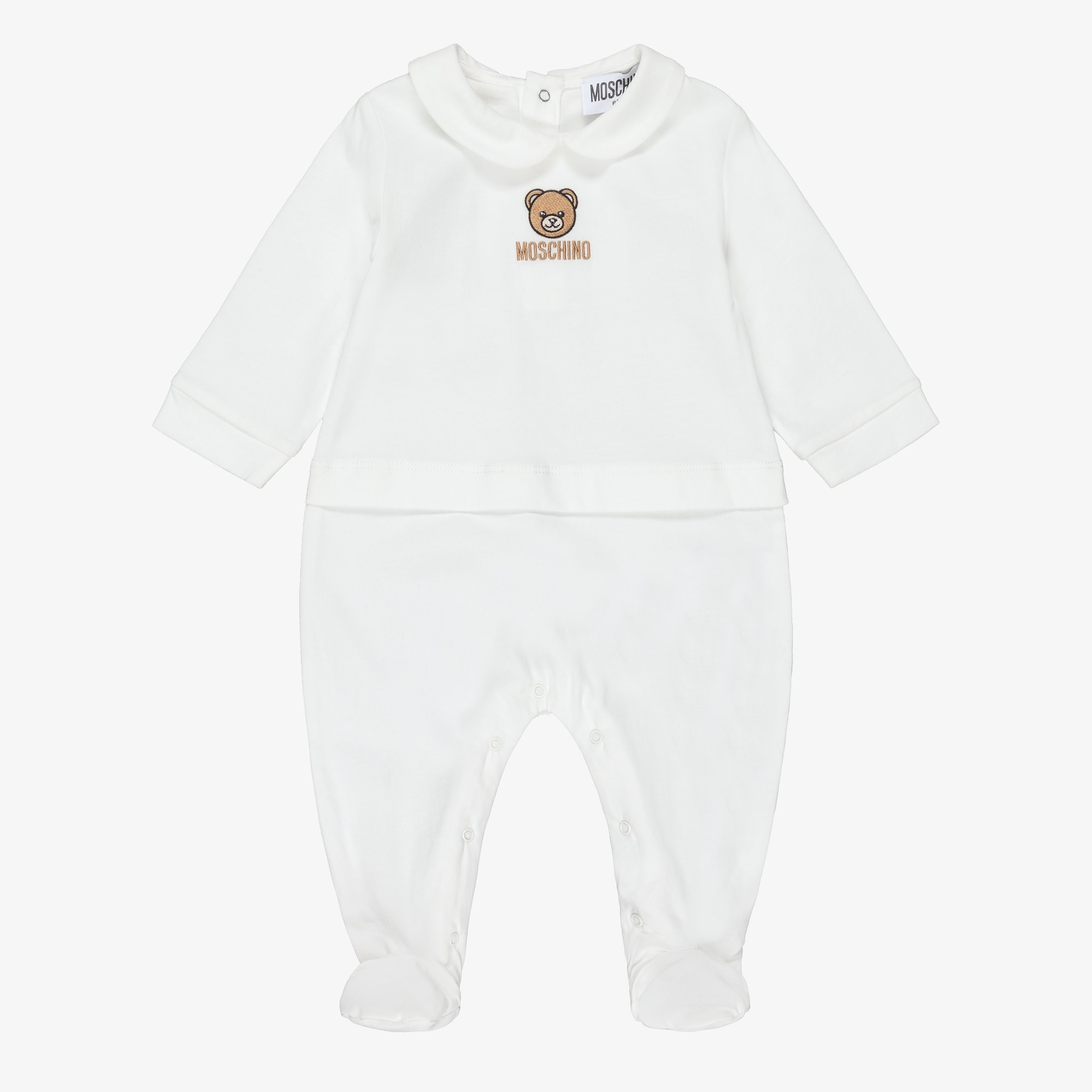 Ivory Cotton Babygrow with Embroidered Teddy Bear Logo - View 1