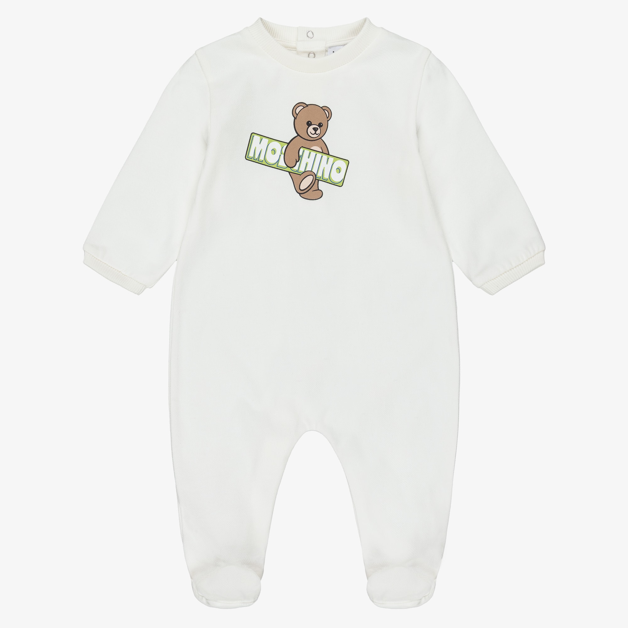 Ivory Cotton Piqué Babygrow with Teddy Bear Logo - View 1