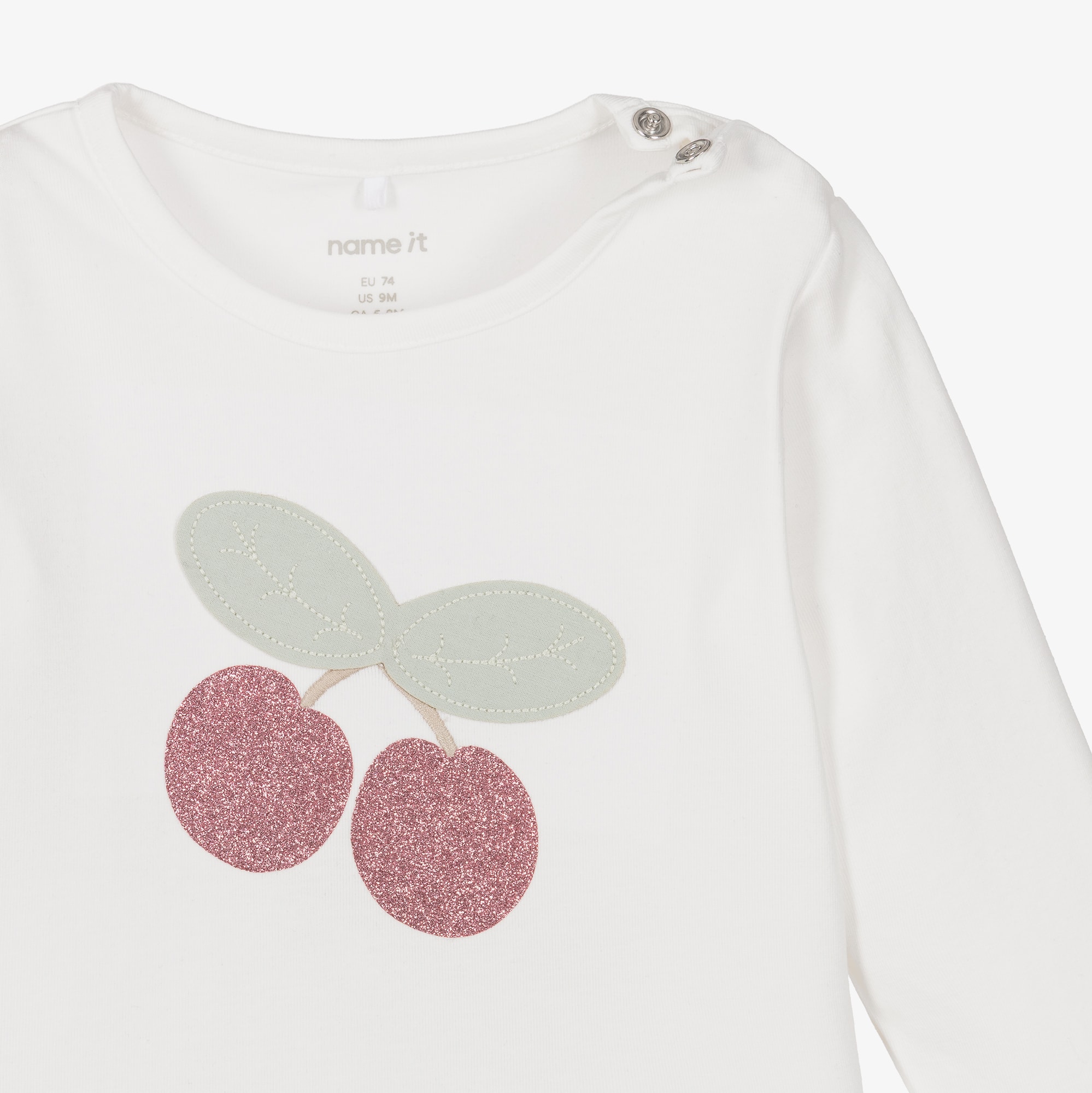 Baby Girls Ivory Cotton Top with Sparkly Cherry Motif - View 3