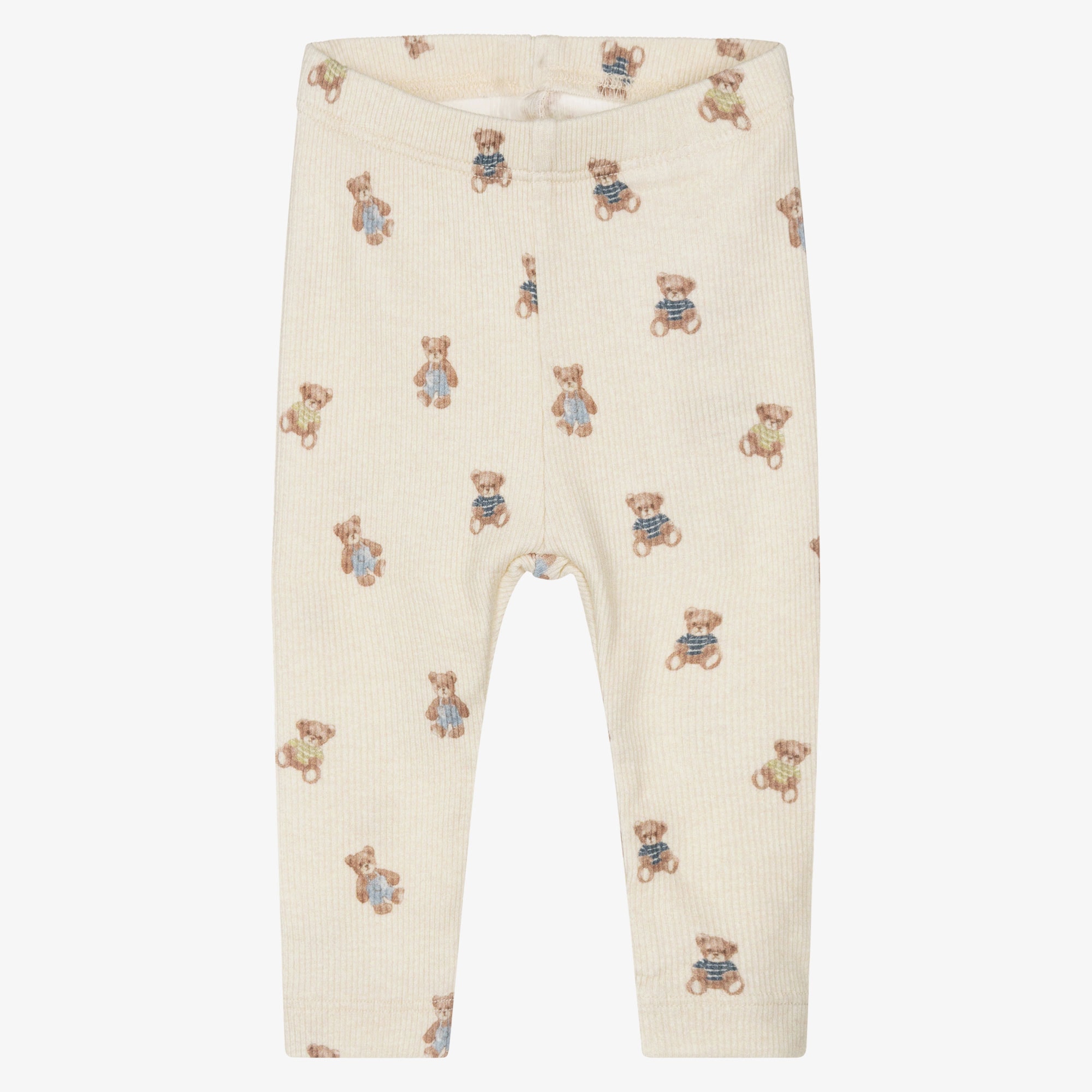 Beige Teddy Bear Print Ribbed Jersey Baby Leggings - View 1
