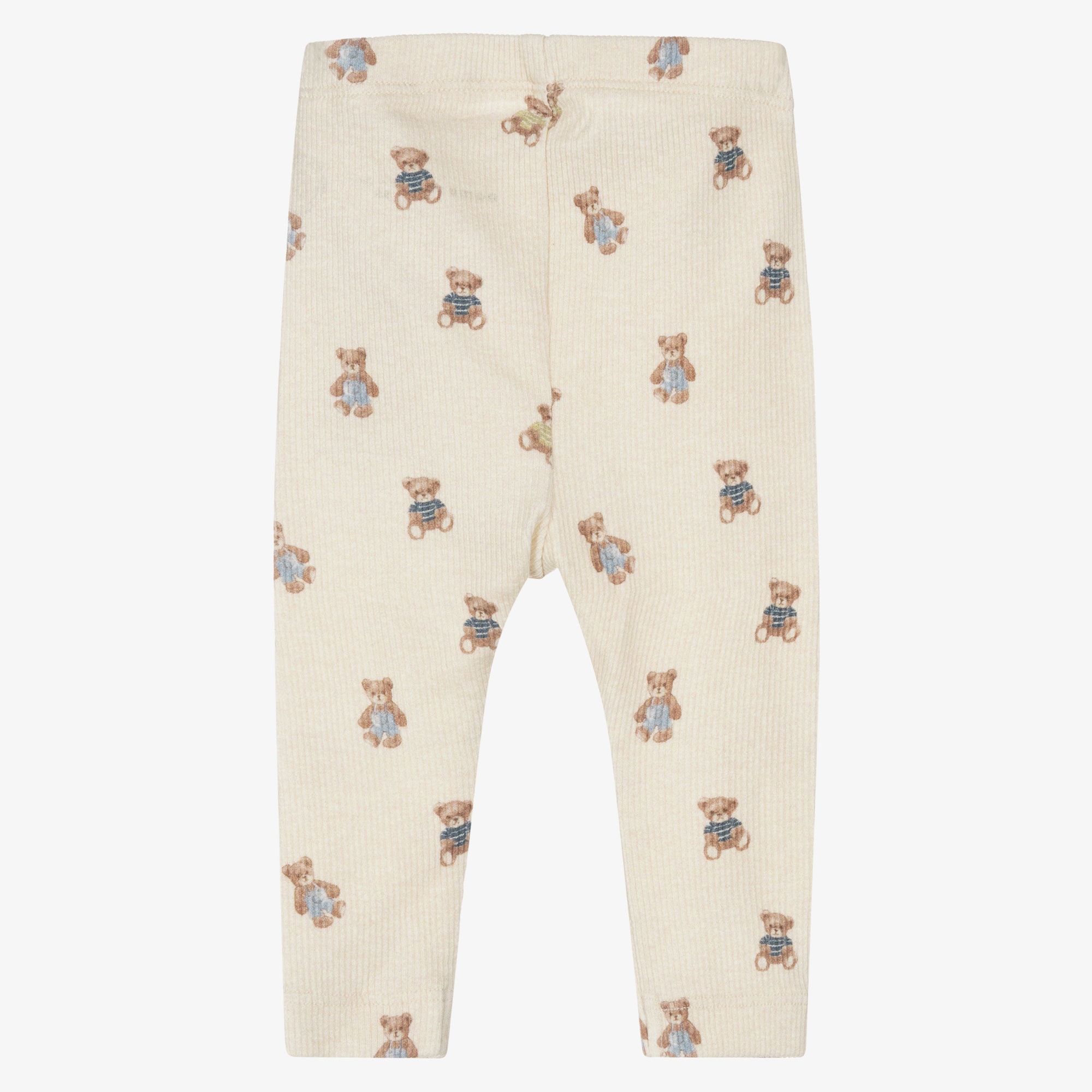 Beige Teddy Bear Print Ribbed Jersey Baby Leggings - View 3