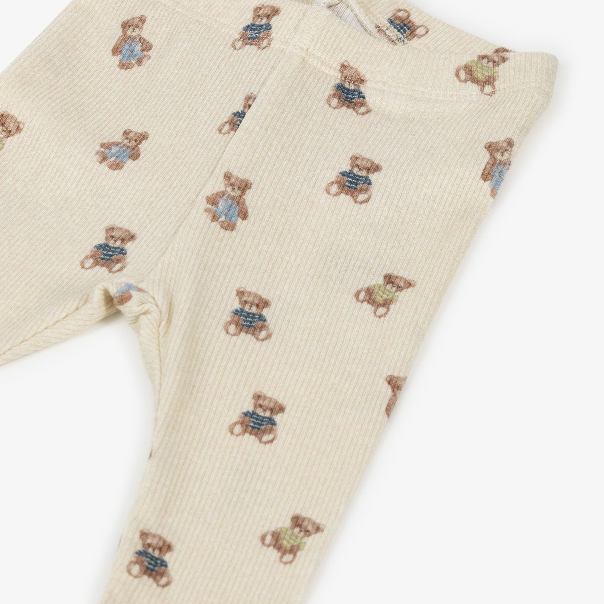 Beige Teddy Bear Print Ribbed Jersey Baby Leggings - View 4