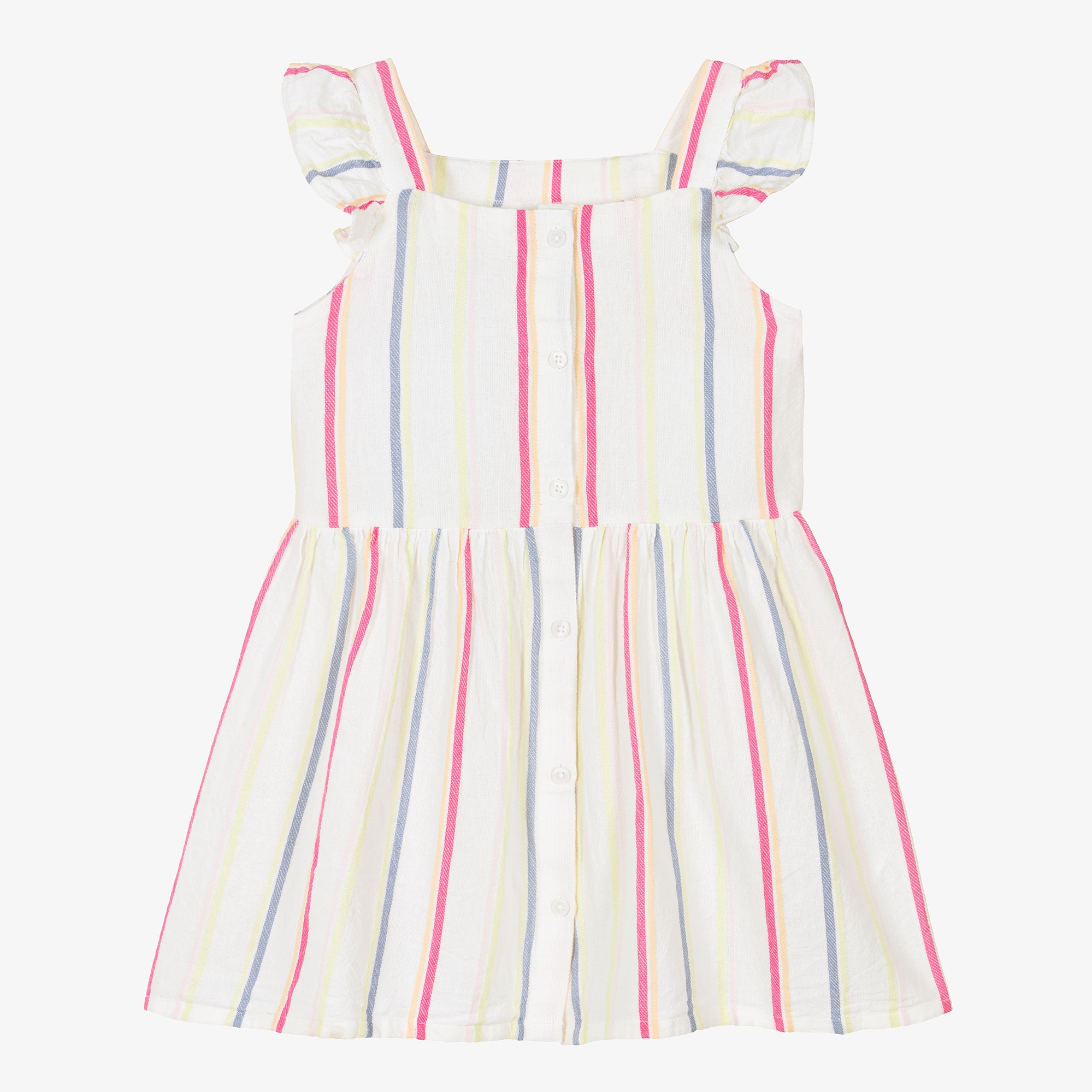 Girls Ivory Cotton Dress with Multicolour Stripes - View 1