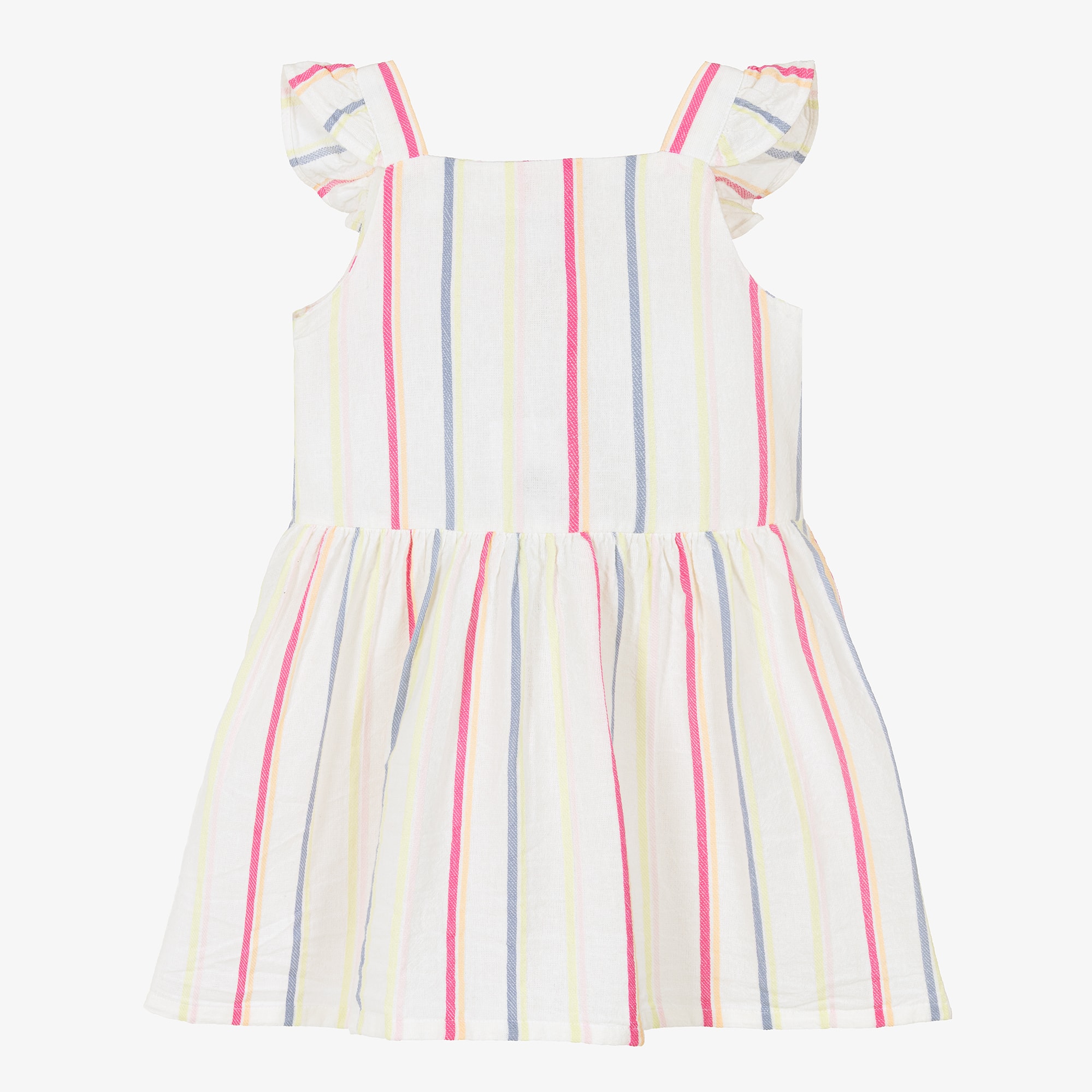 Girls Ivory Cotton Dress with Multicolour Stripes - View 2