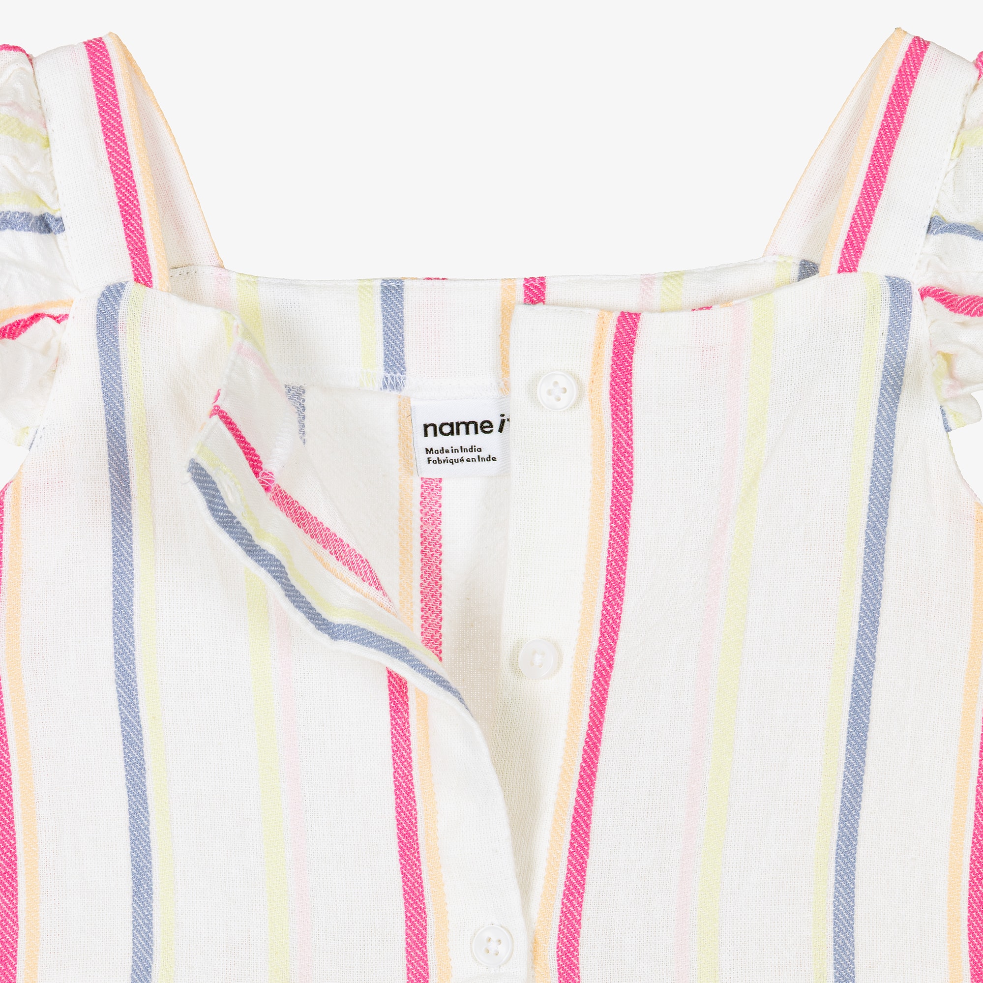 Girls Ivory Cotton Dress with Multicolour Stripes - View 3
