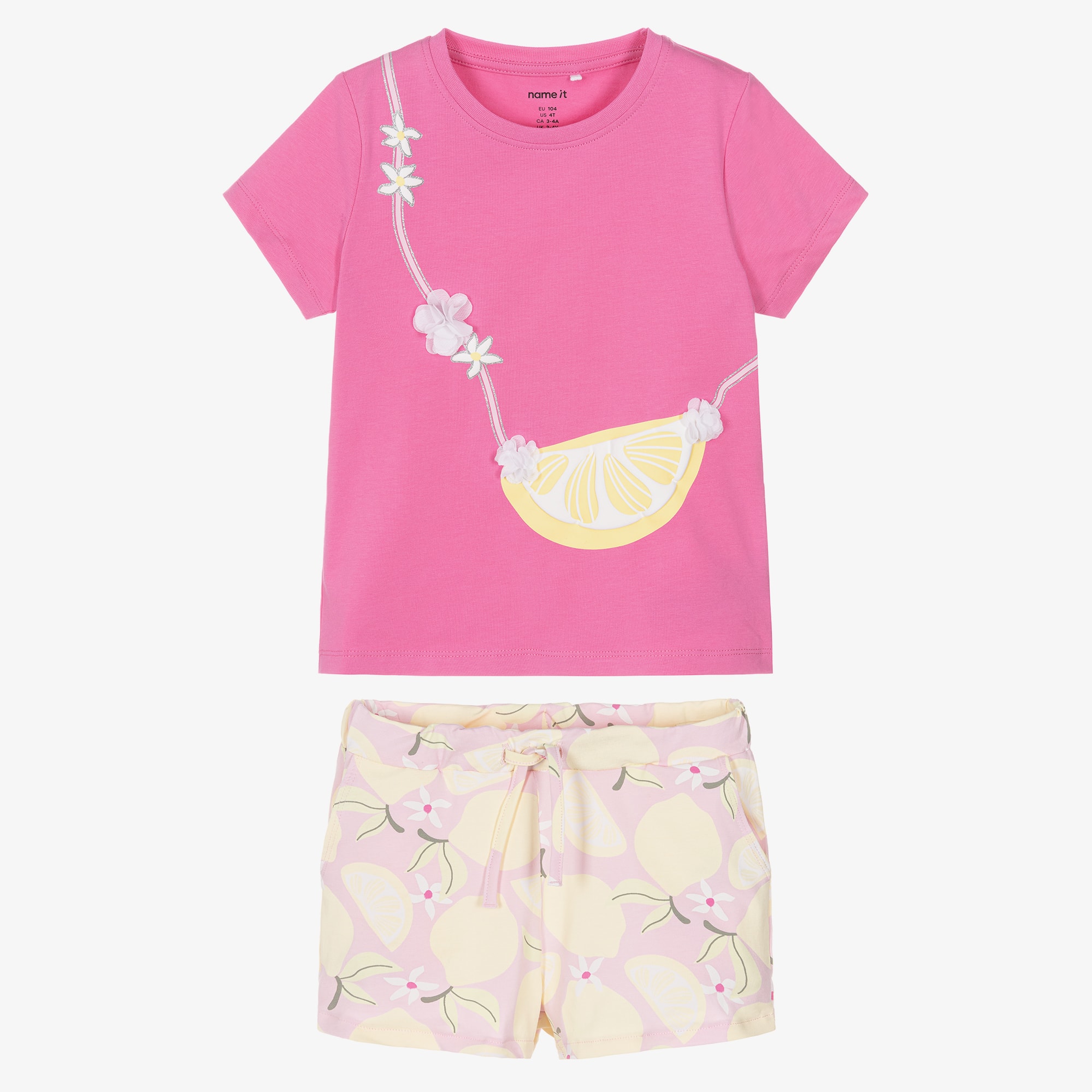 Girls Pink Organic Cotton Shorts Set with Lemon Print - View 2