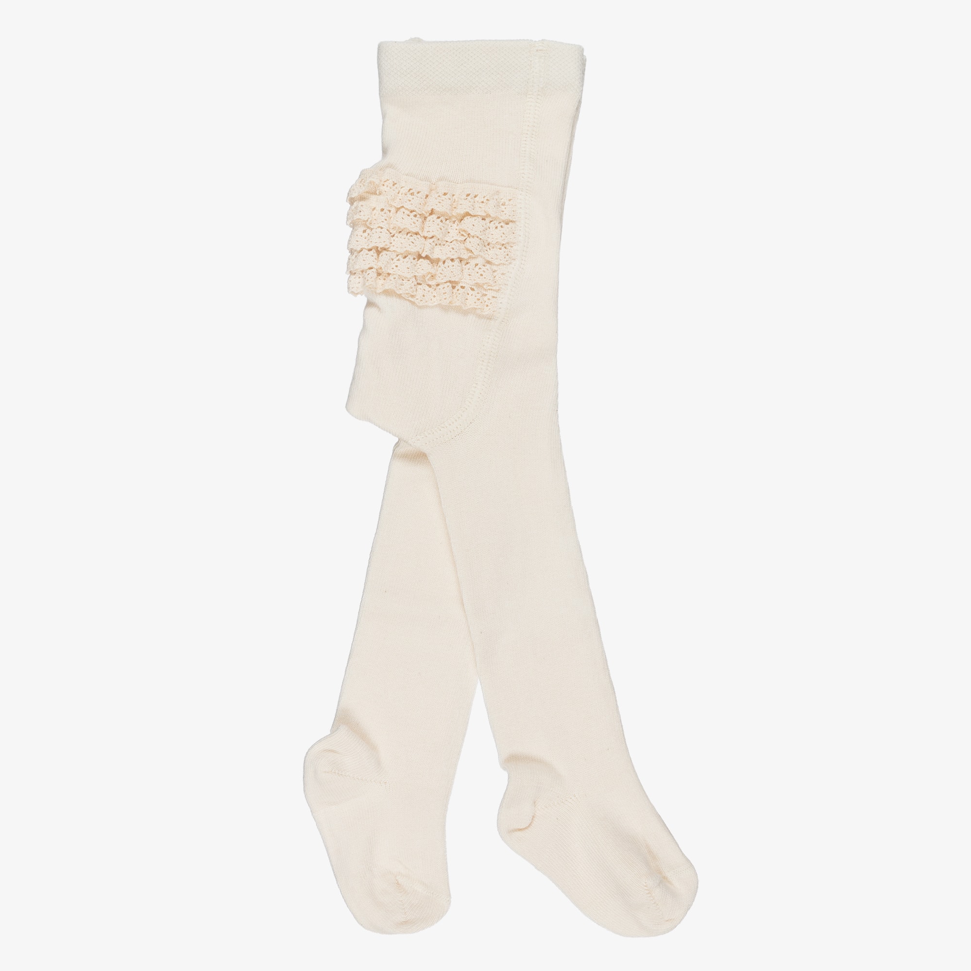 Baby Girls Ivory Cotton Tights with Lacy Ruffles - View 1