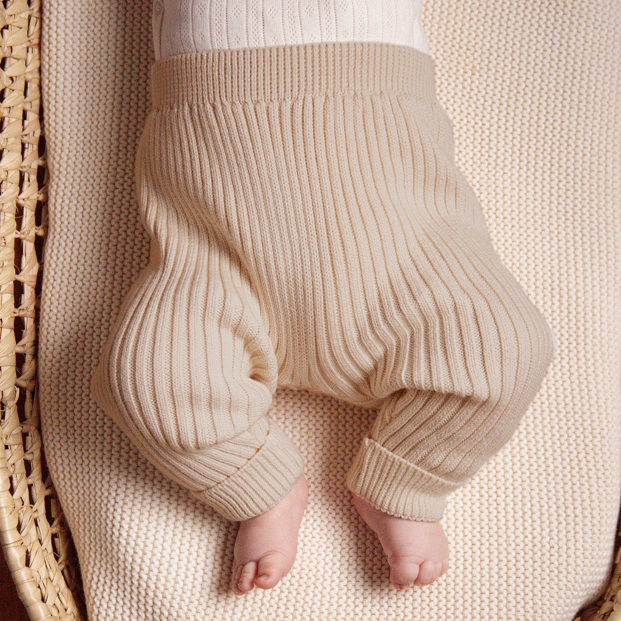 Beige Organic Cotton Ribbed Knit Baby Leggings - View 2