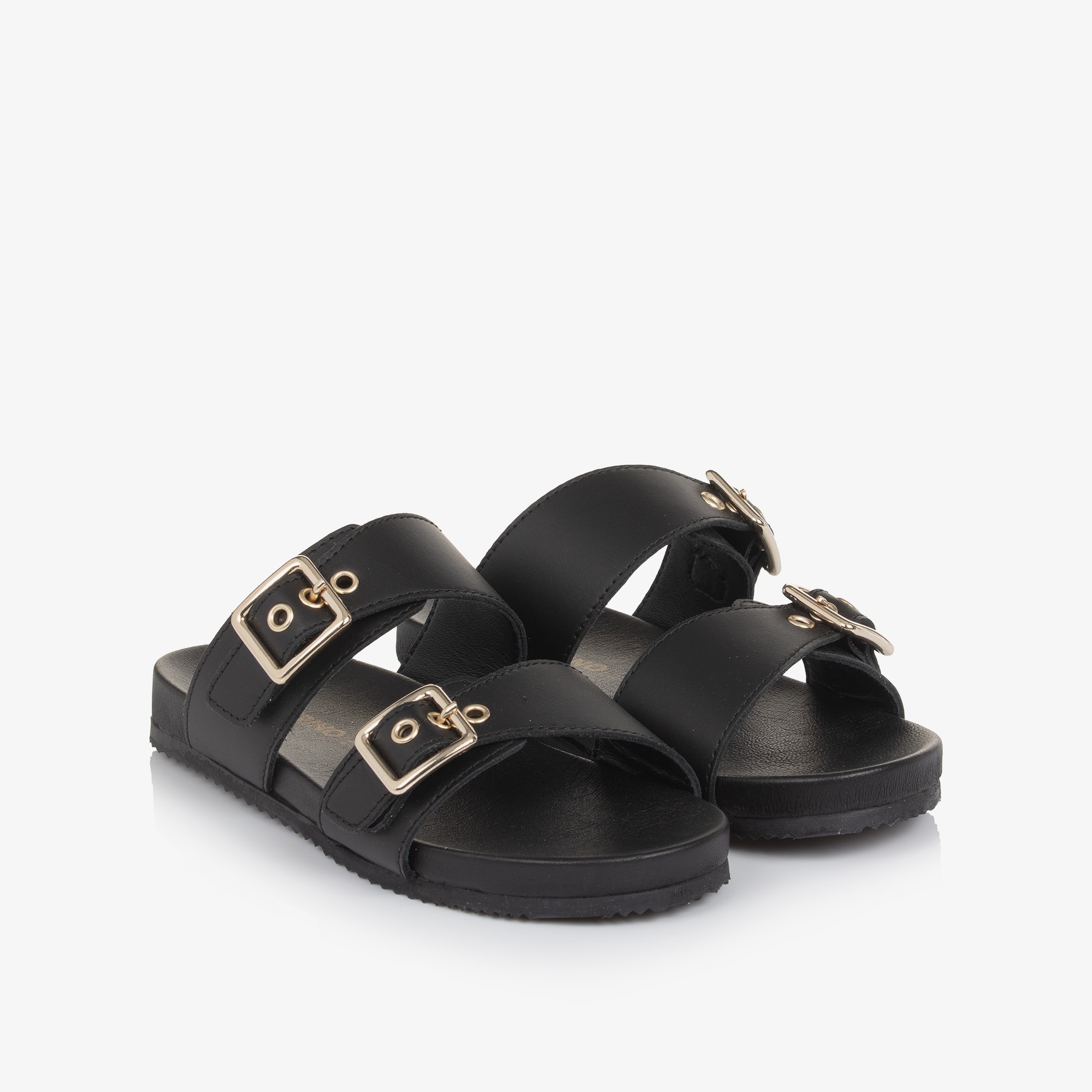 Girls Black Leather Sliders with Gold Buckles - View 1