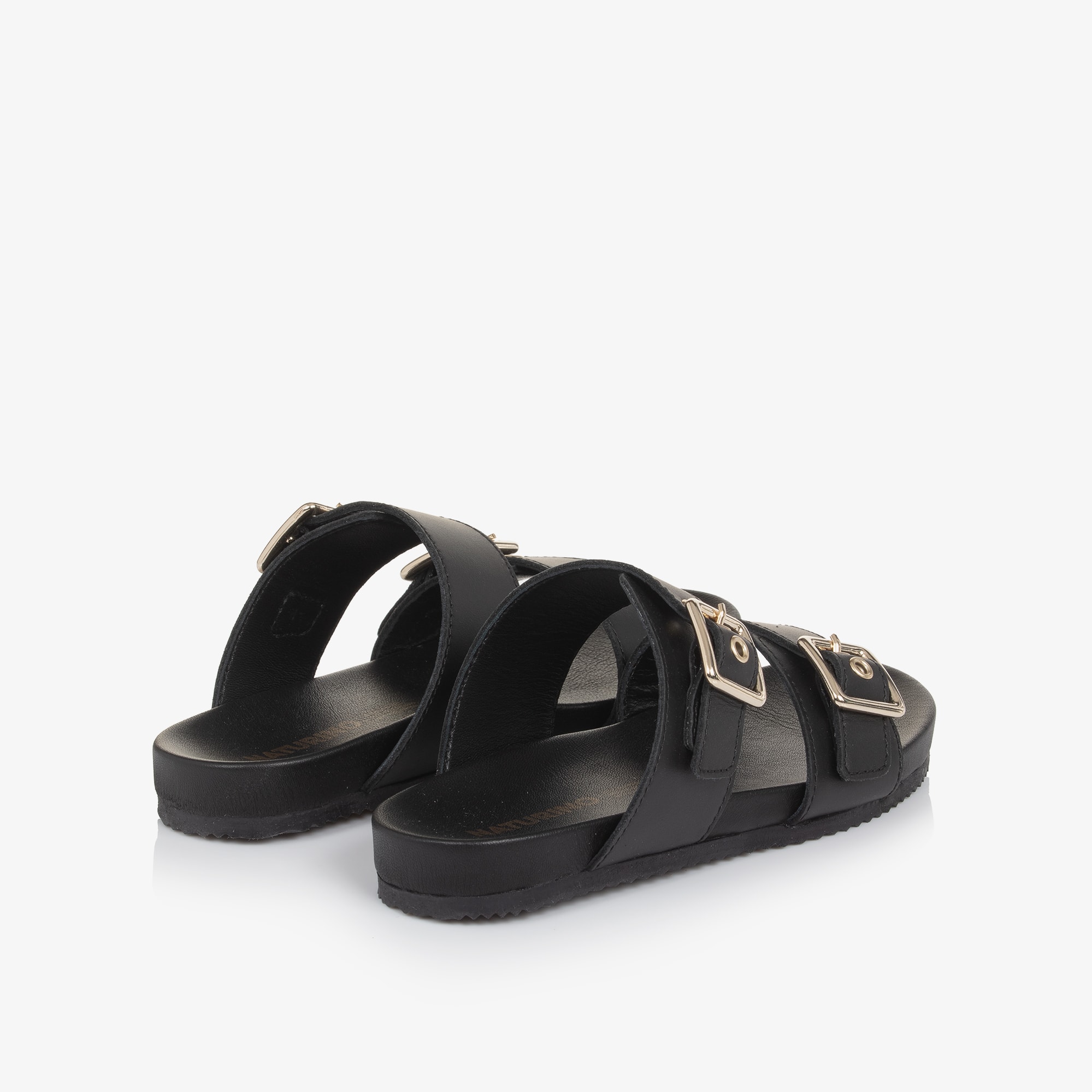 Girls Black Leather Sliders with Gold Buckles - View 2