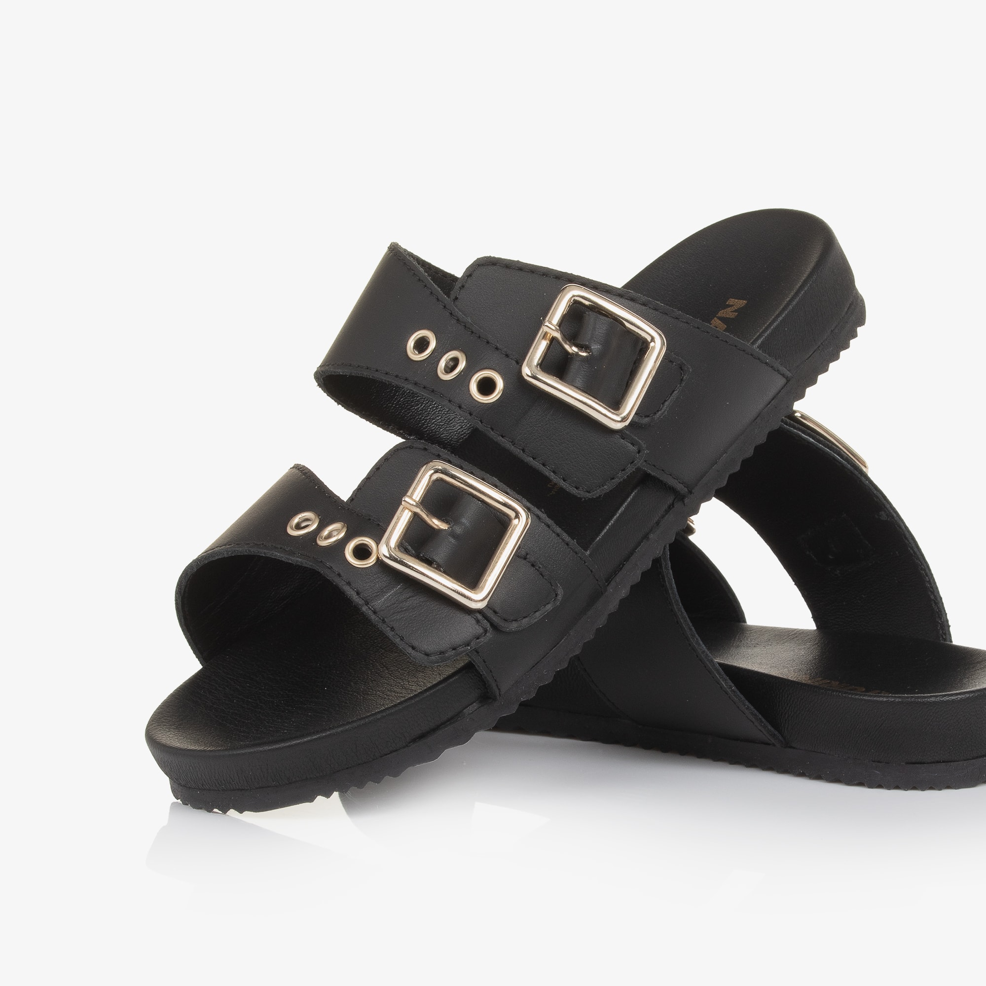 Girls Black Leather Sliders with Gold Buckles - View 5