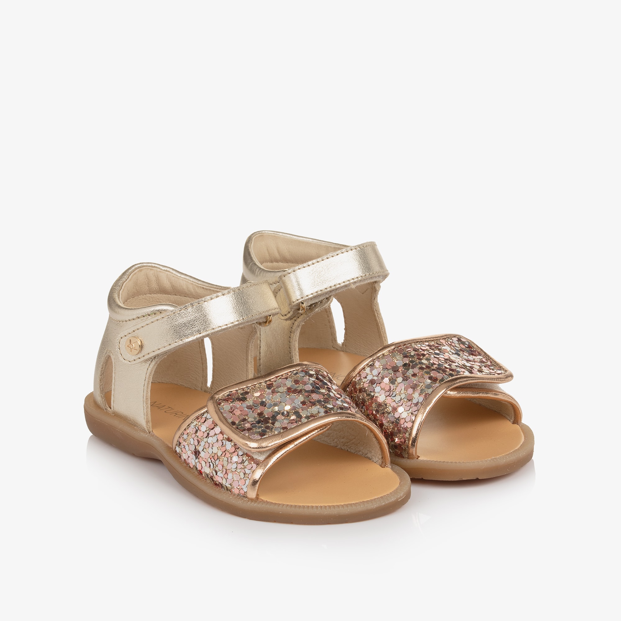 Girls Gold Leather Sandals with Glitter Embellishment - View 1