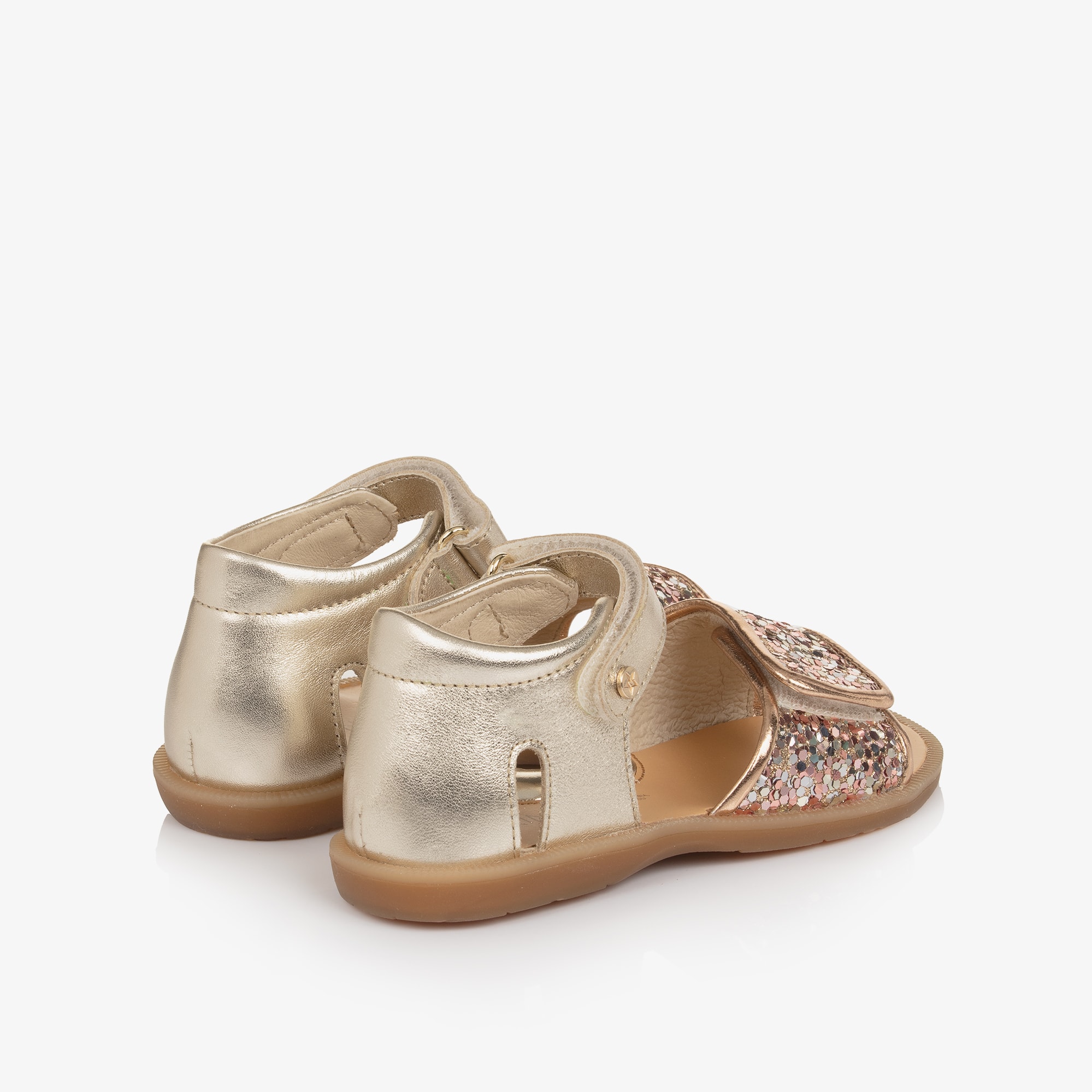 Girls Gold Leather Sandals with Glitter Embellishment - View 2