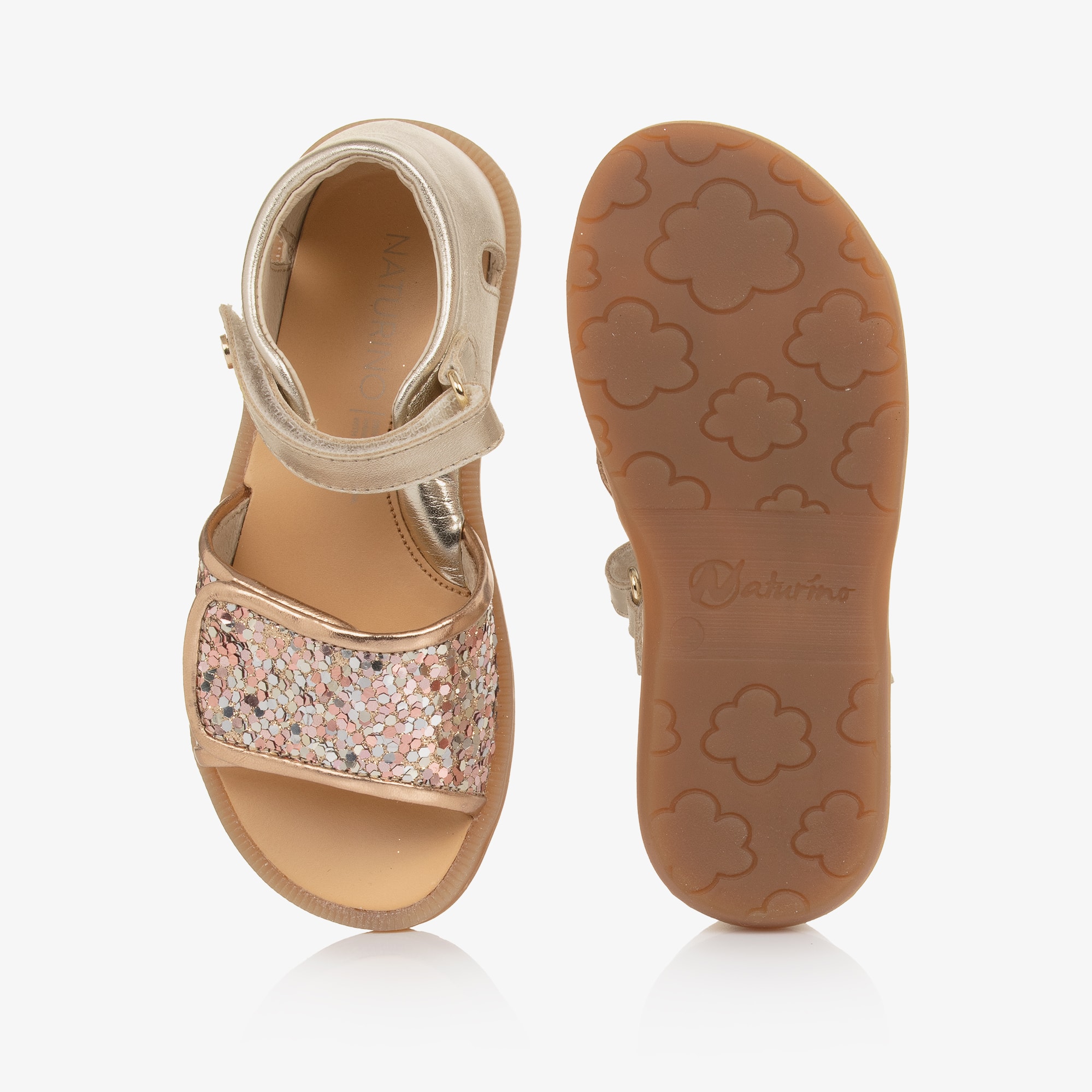 Girls Gold Leather Sandals with Glitter Embellishment - View 3