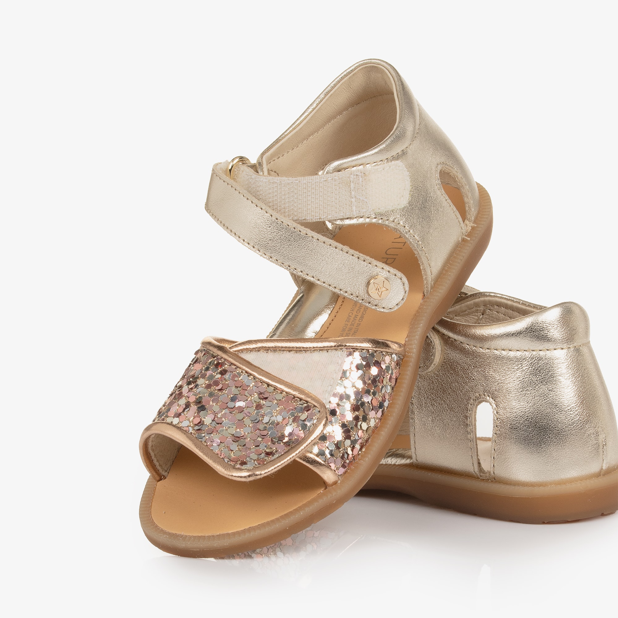 Girls Gold Leather Sandals with Glitter Embellishment - View 5