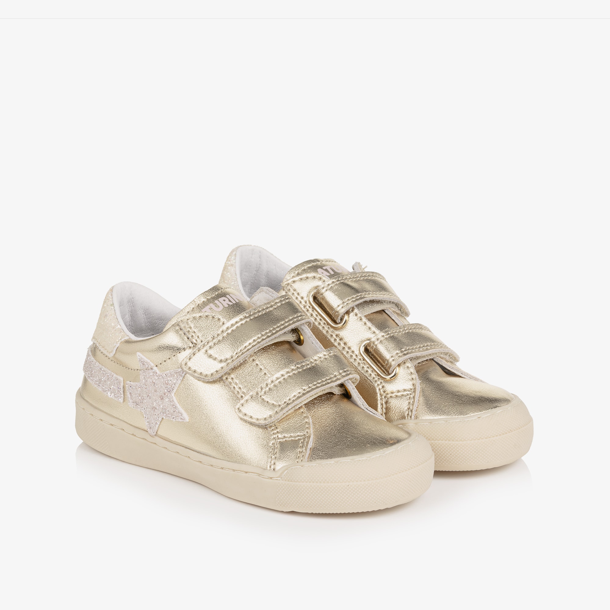 Girls Metallic Gold Leather Trainers with Glitter Trims - View 1