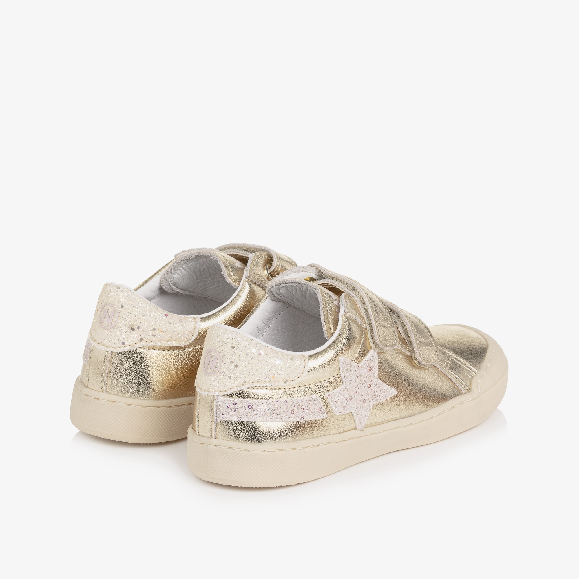 Girls Metallic Gold Leather Trainers with Glitter Trims - View 2