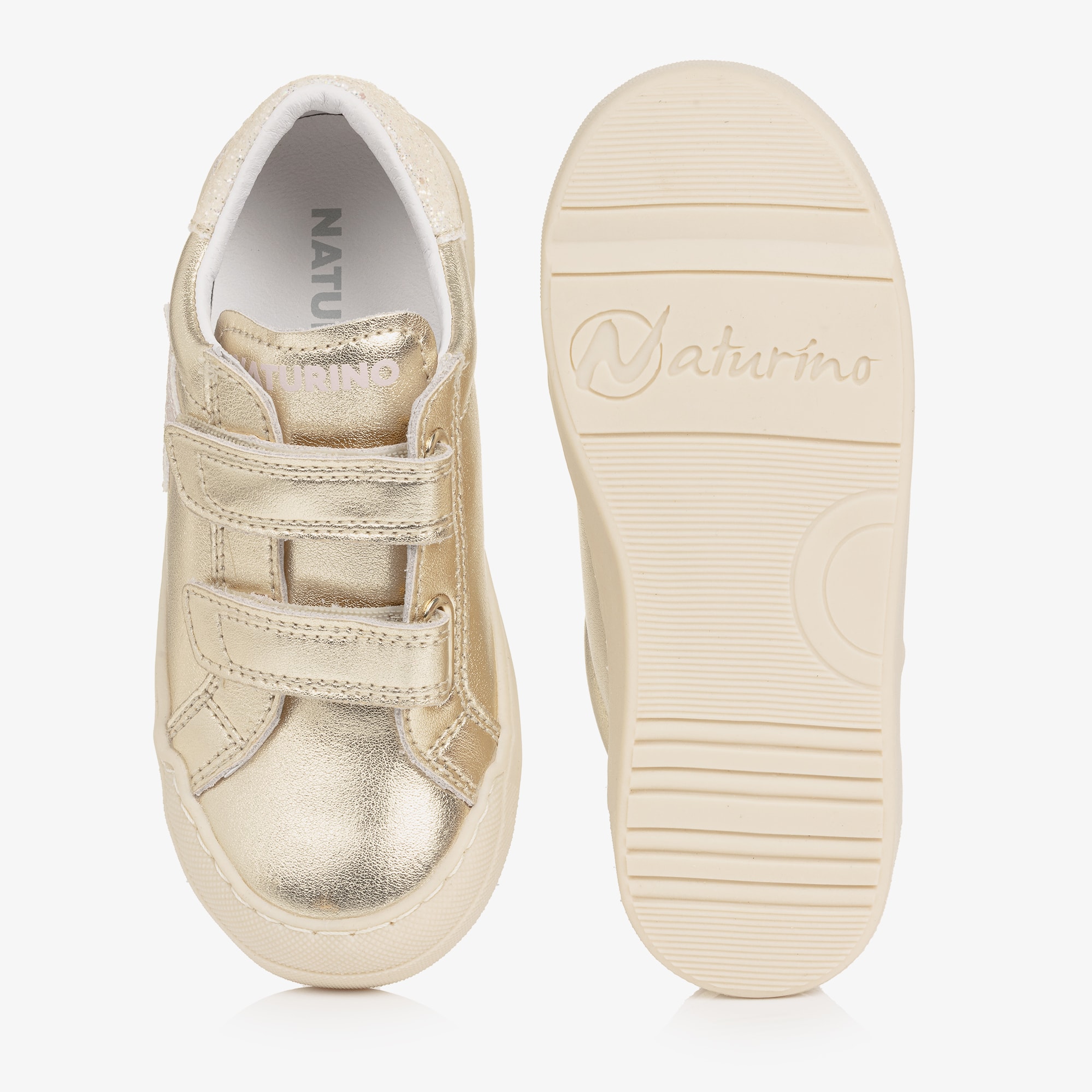 Girls Metallic Gold Leather Trainers with Glitter Trims - View 3