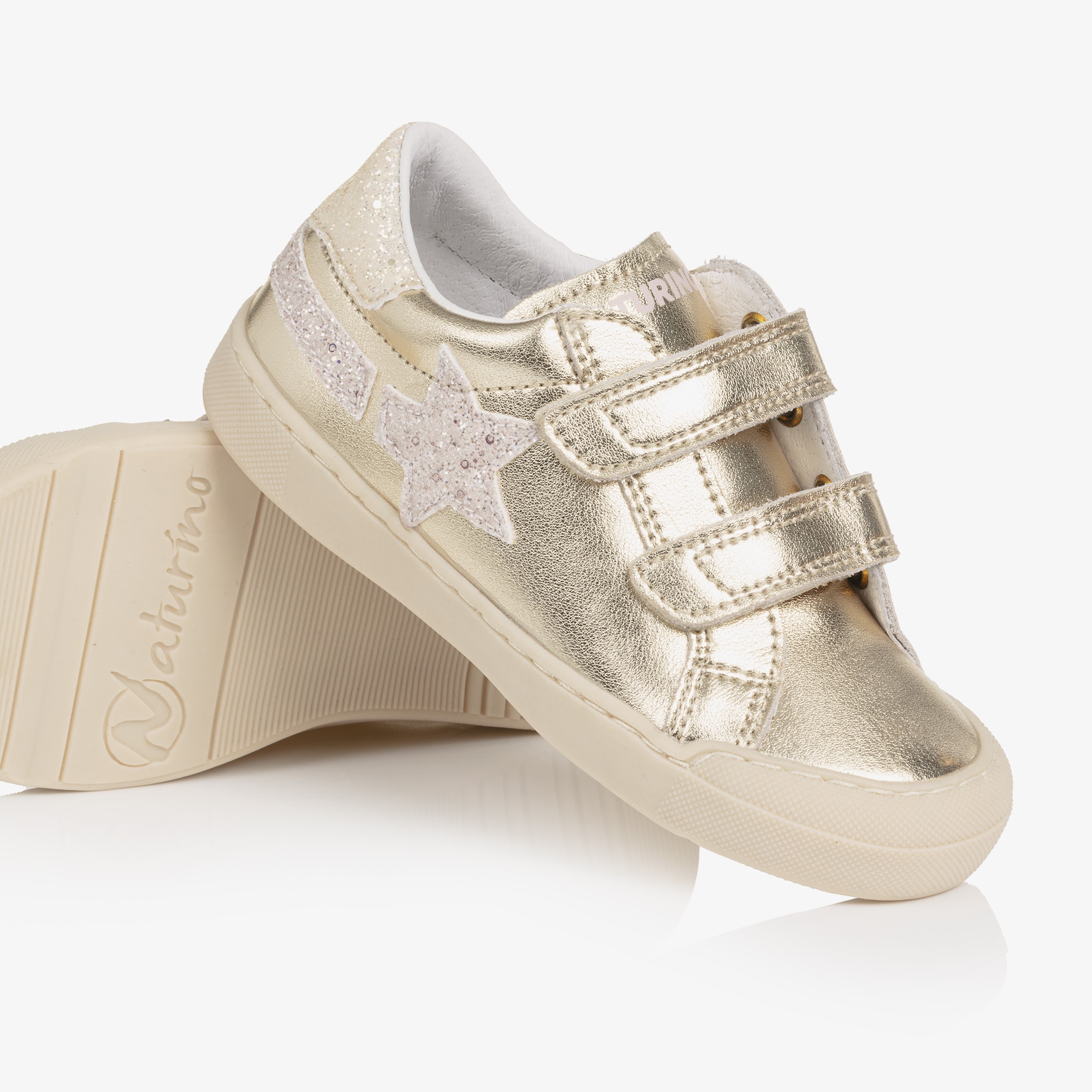 Girls Metallic Gold Leather Trainers with Glitter Trims - View 5