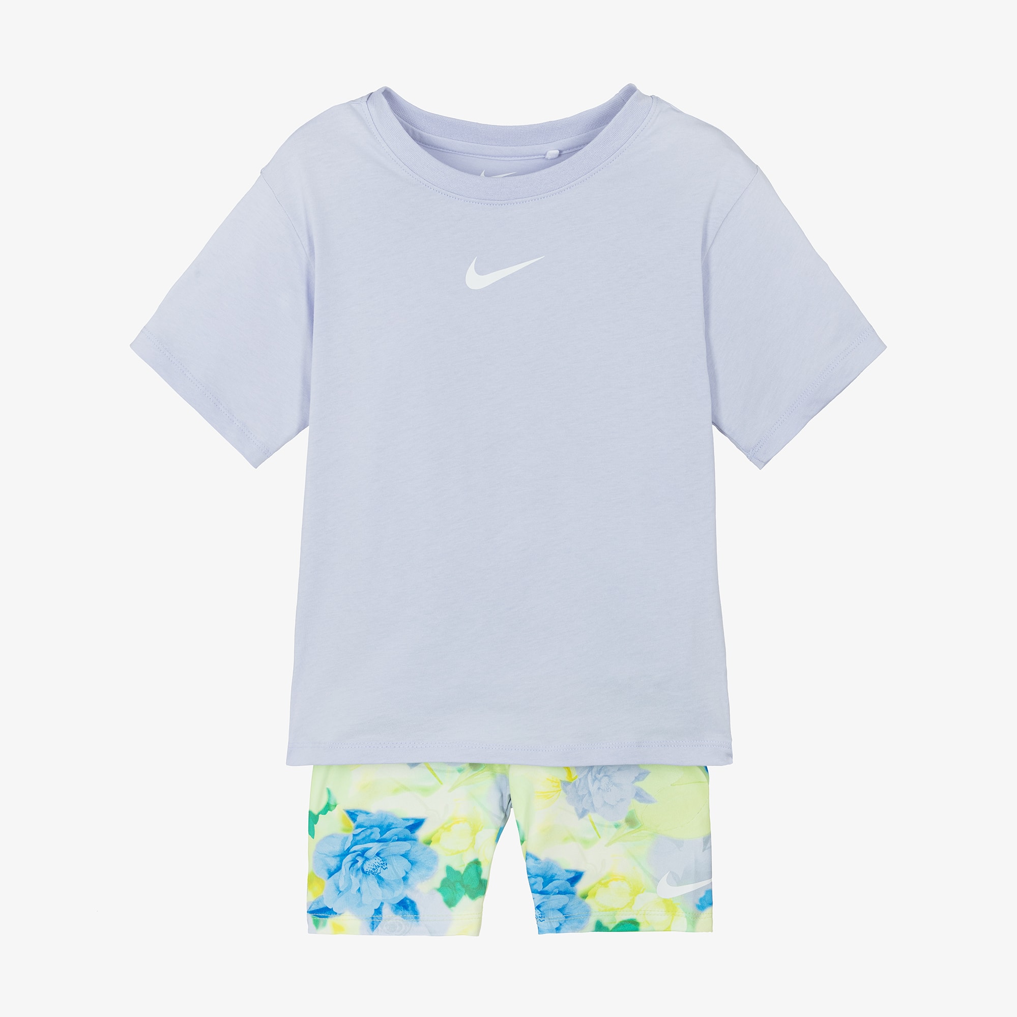 Girls Lilac & Green Floral Cycle Shorts Set - View 1