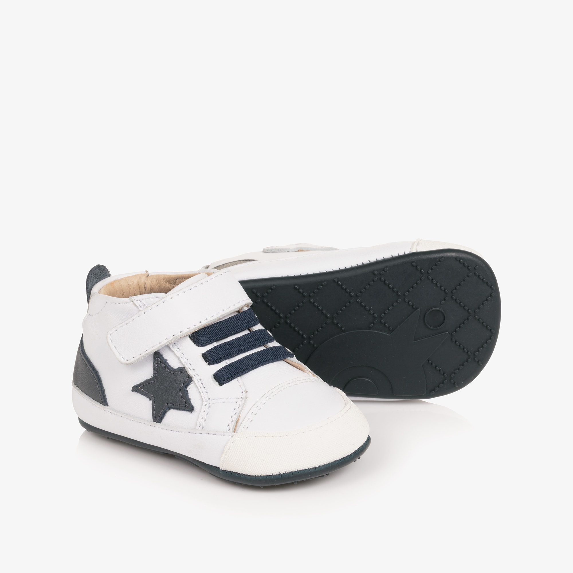 White & Navy Blue Leather Pre-Walker Trainers - View 1