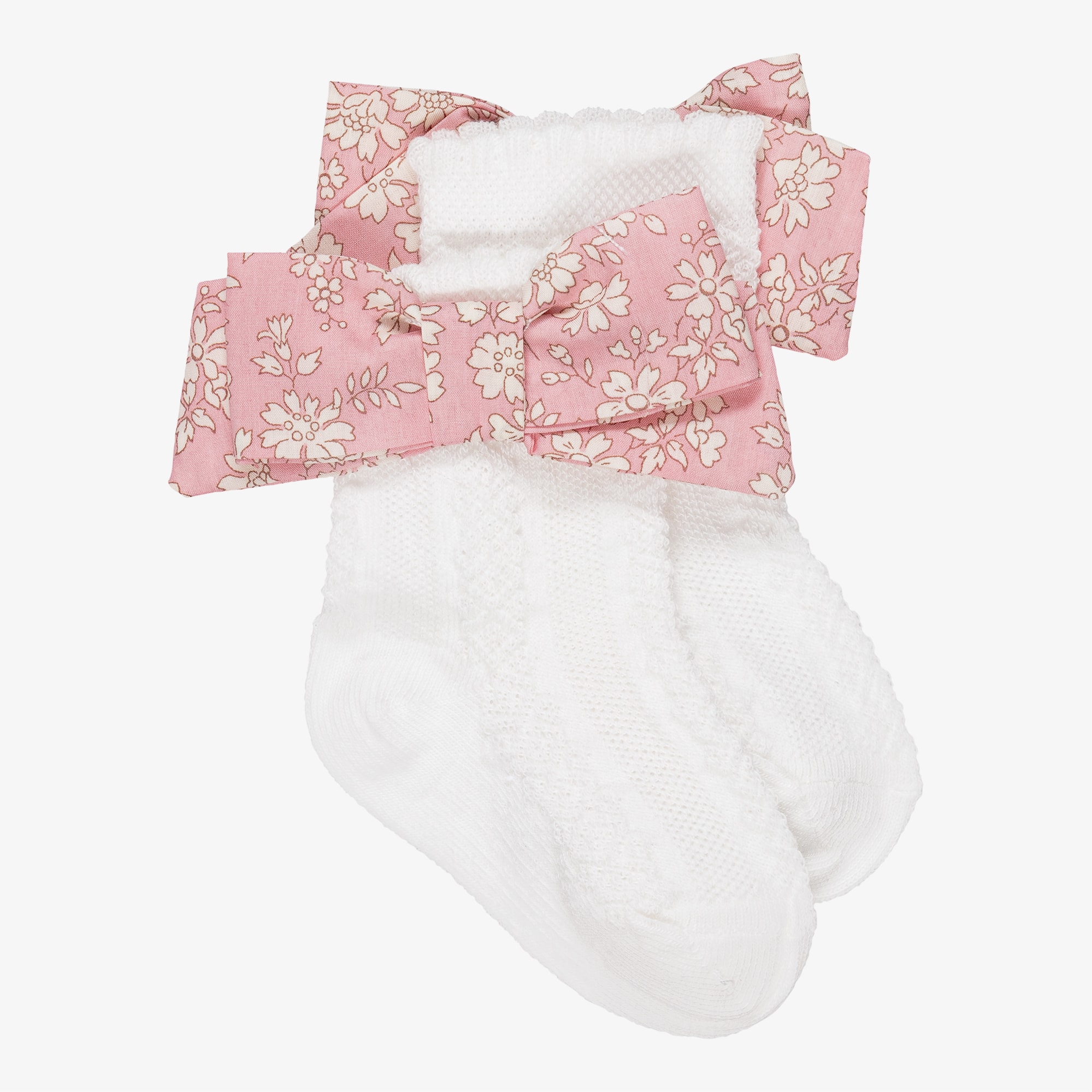 Baby Girls White Cotton Socks with Pink Liberty Print Bows - View 1