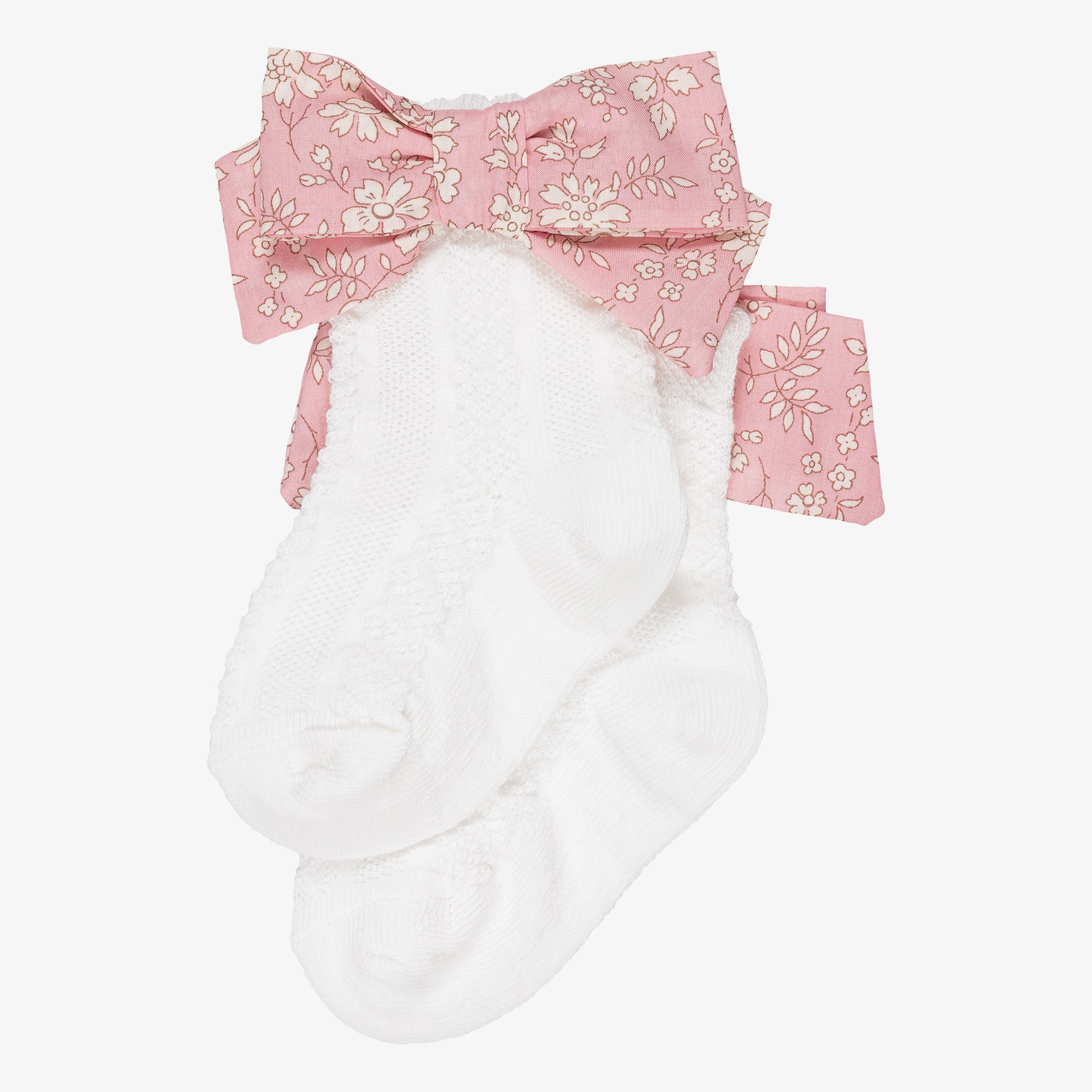 Baby Girls White Cotton Socks with Pink Liberty Print Bows - View 2