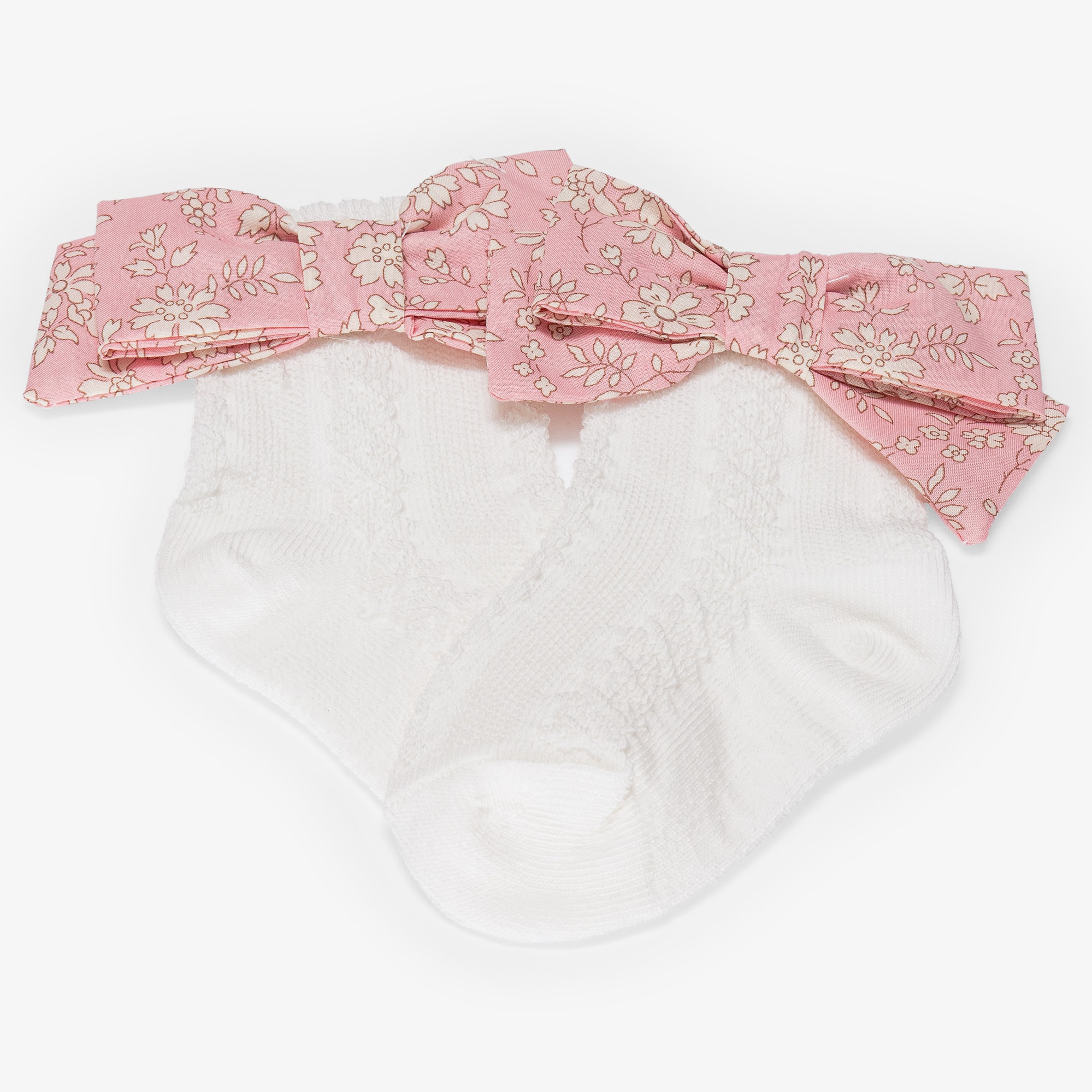 Baby Girls White Cotton Socks with Pink Liberty Print Bows - View 3