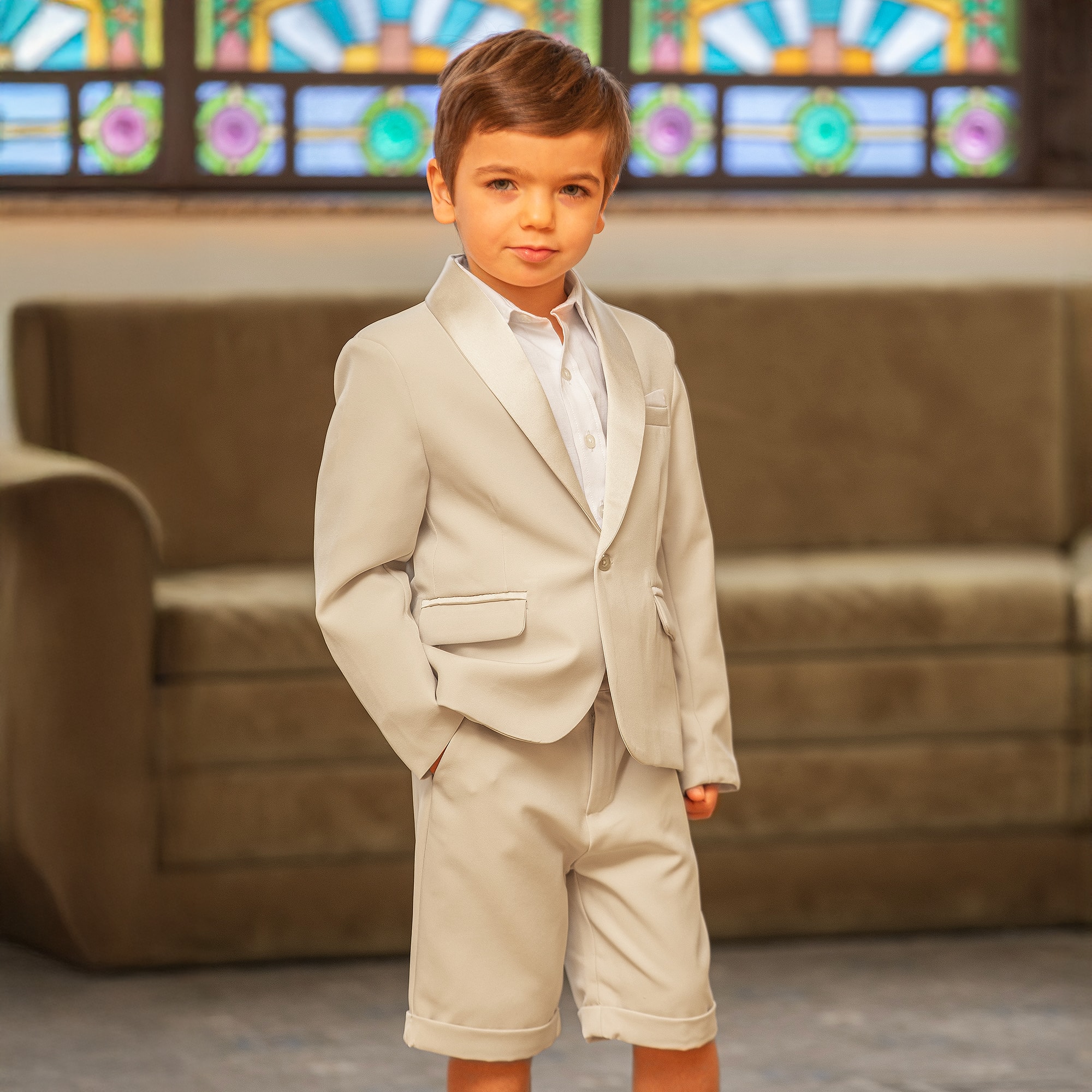 Boys Beige Crêpe & Satin Shorts Suit - View 2