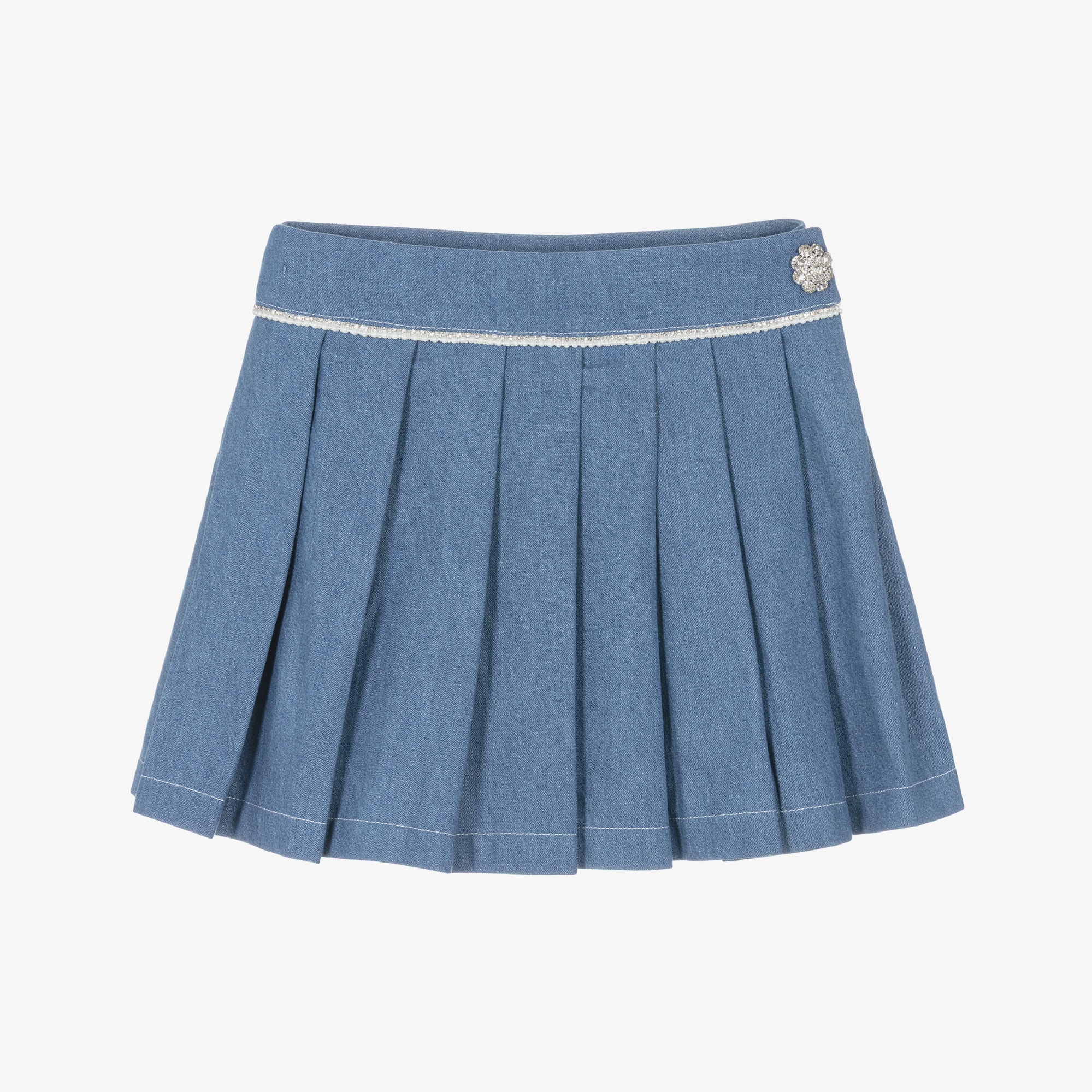 Girls Blue Pleated Denim Skirt with Crystals & Pearl Beads - View 1