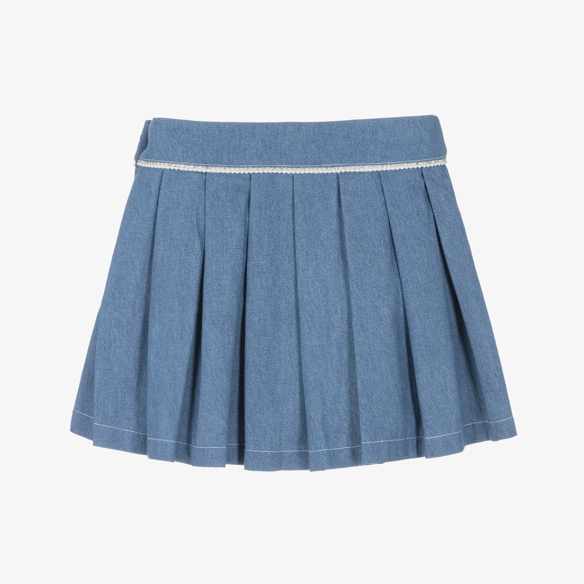 Girls Blue Pleated Denim Skirt with Crystals & Pearl Beads - View 2