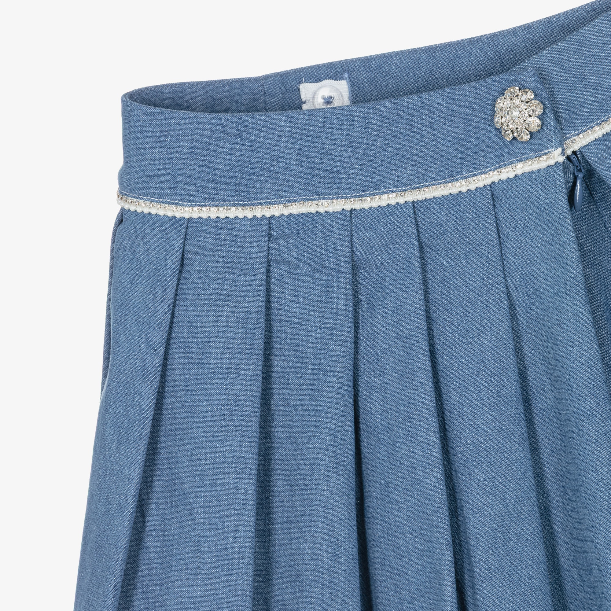 Girls Blue Pleated Denim Skirt with Crystals & Pearl Beads - View 3