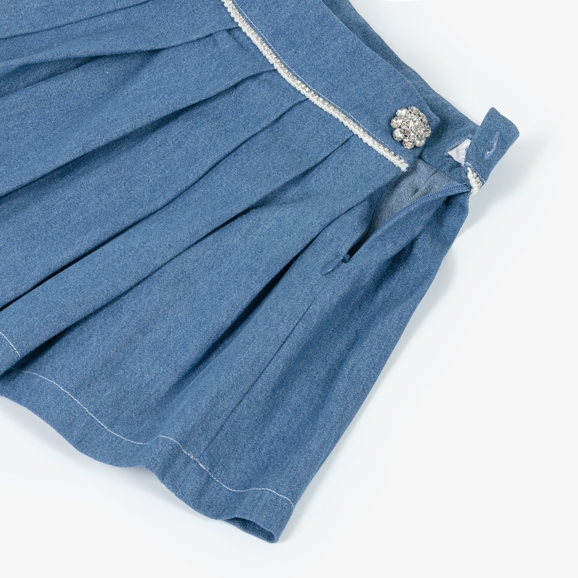 Girls Blue Pleated Denim Skirt with Crystals & Pearl Beads - View 4