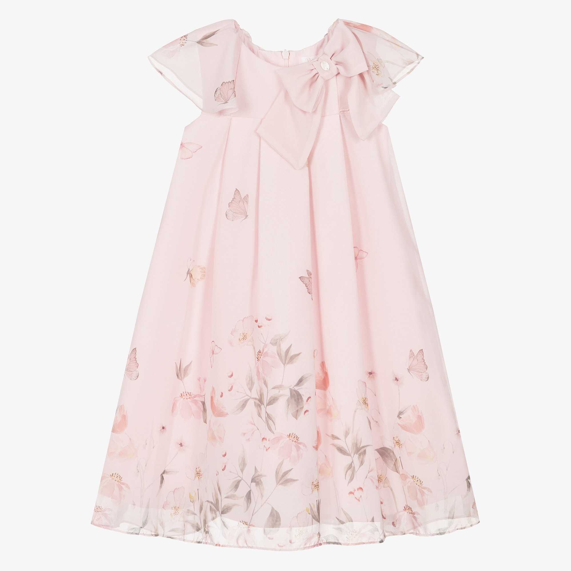 Girls Pink Floral Chiffon Dress with Bow - View 1