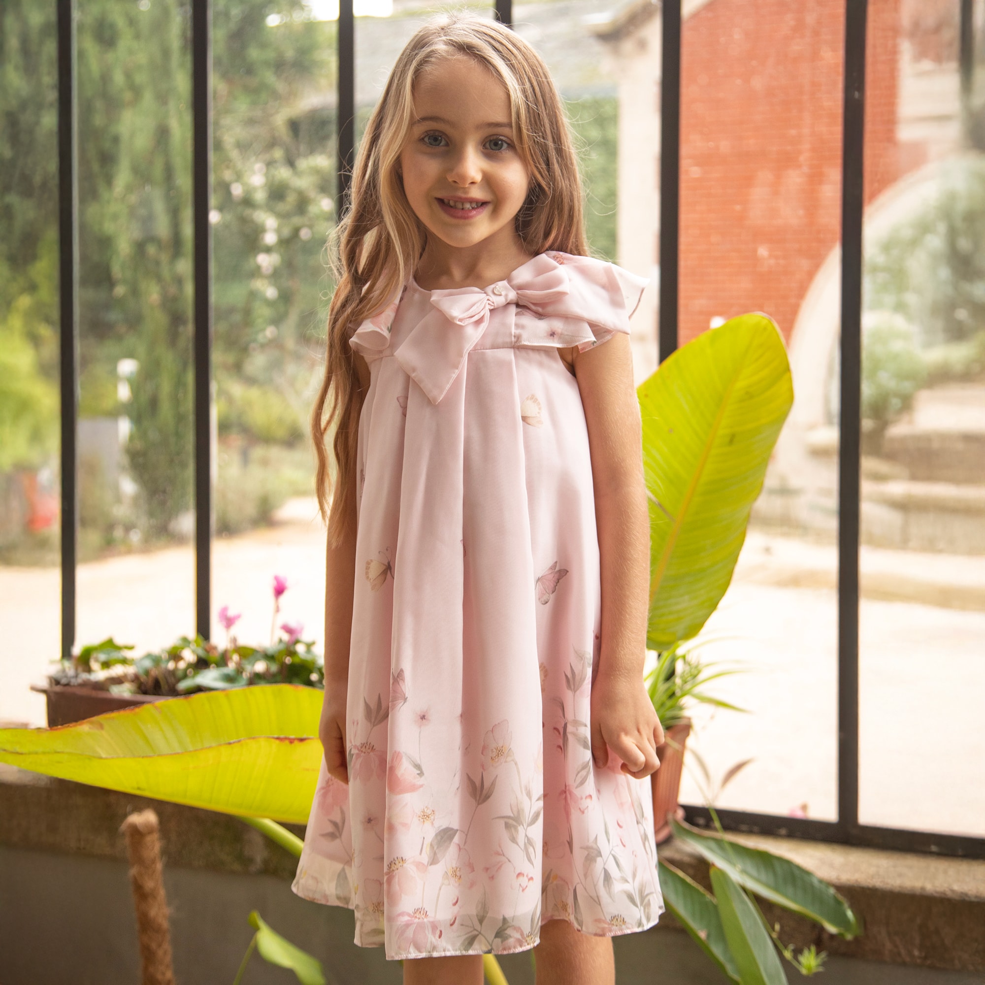 Girls Pink Floral Chiffon Dress with Bow - View 2