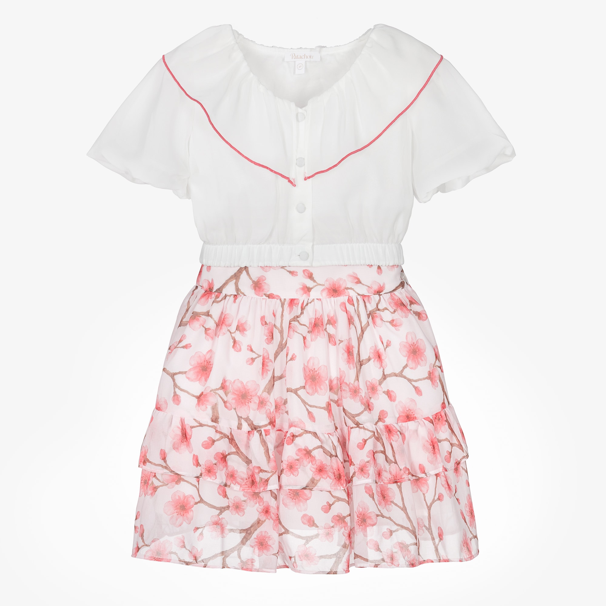 Girls White & Pink Cherry Blossom Chiffon Skirt Set - View 1