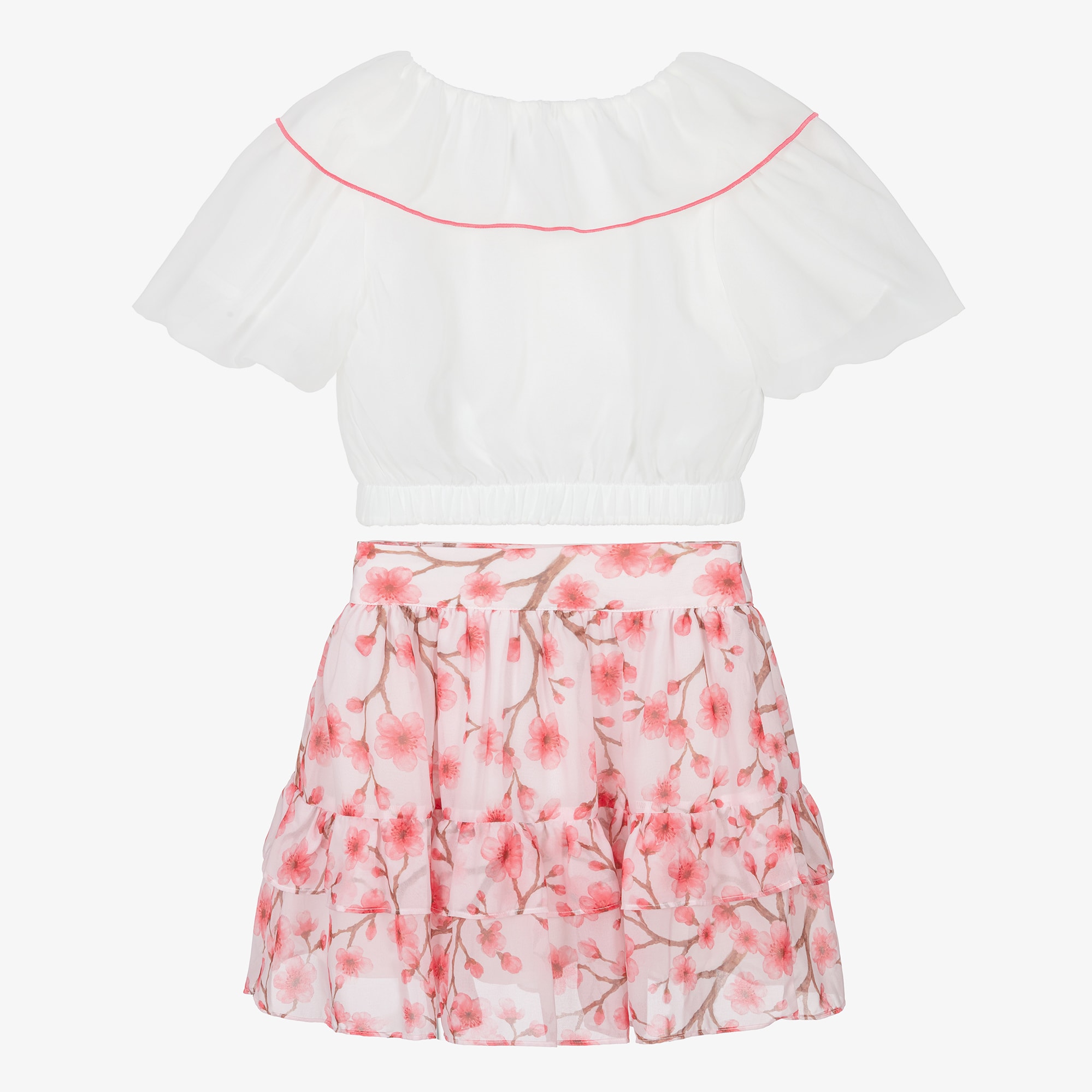 Girls White & Pink Cherry Blossom Chiffon Skirt Set - View 4