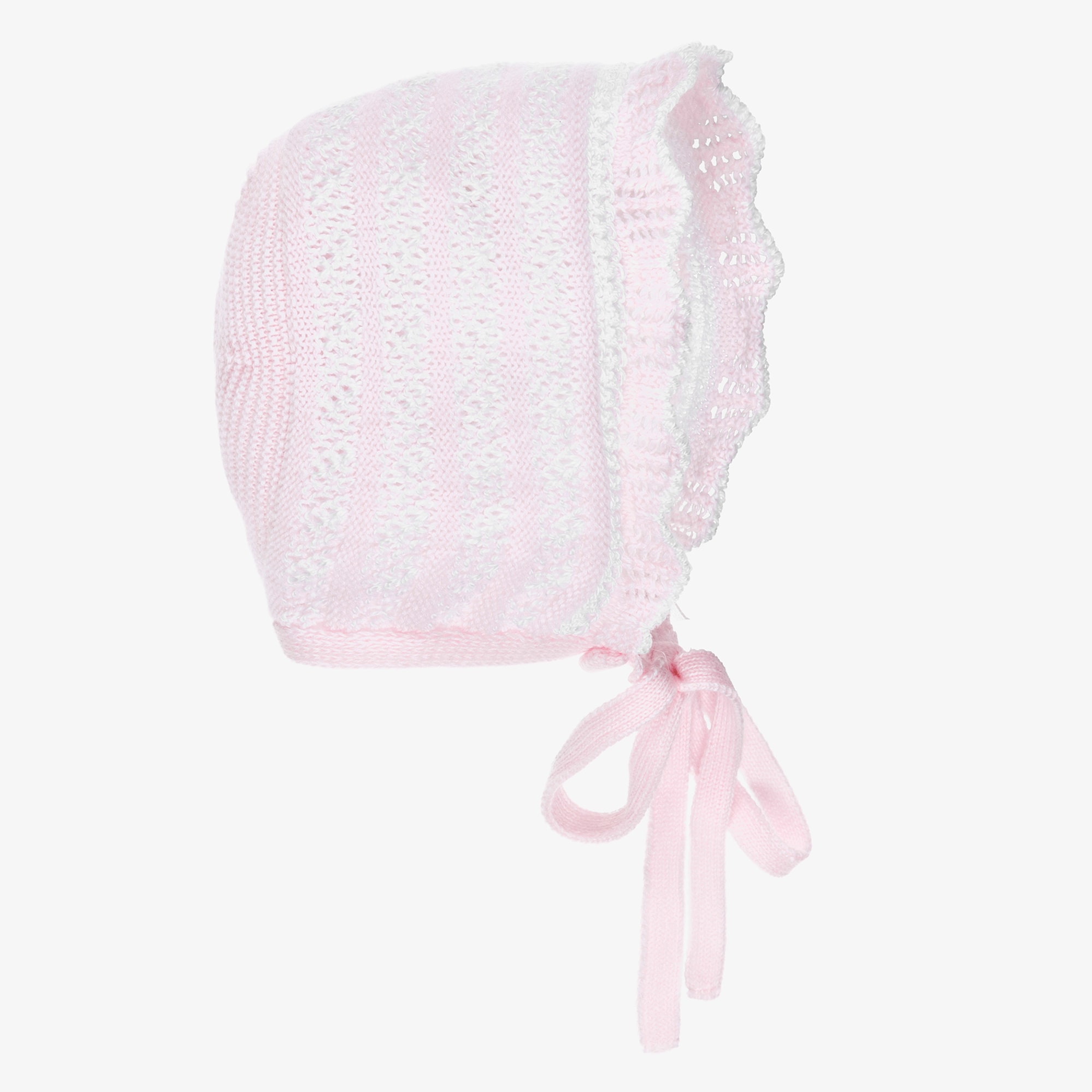 Baby Girls Pink & White Lacy Knit Bonnet - View 1