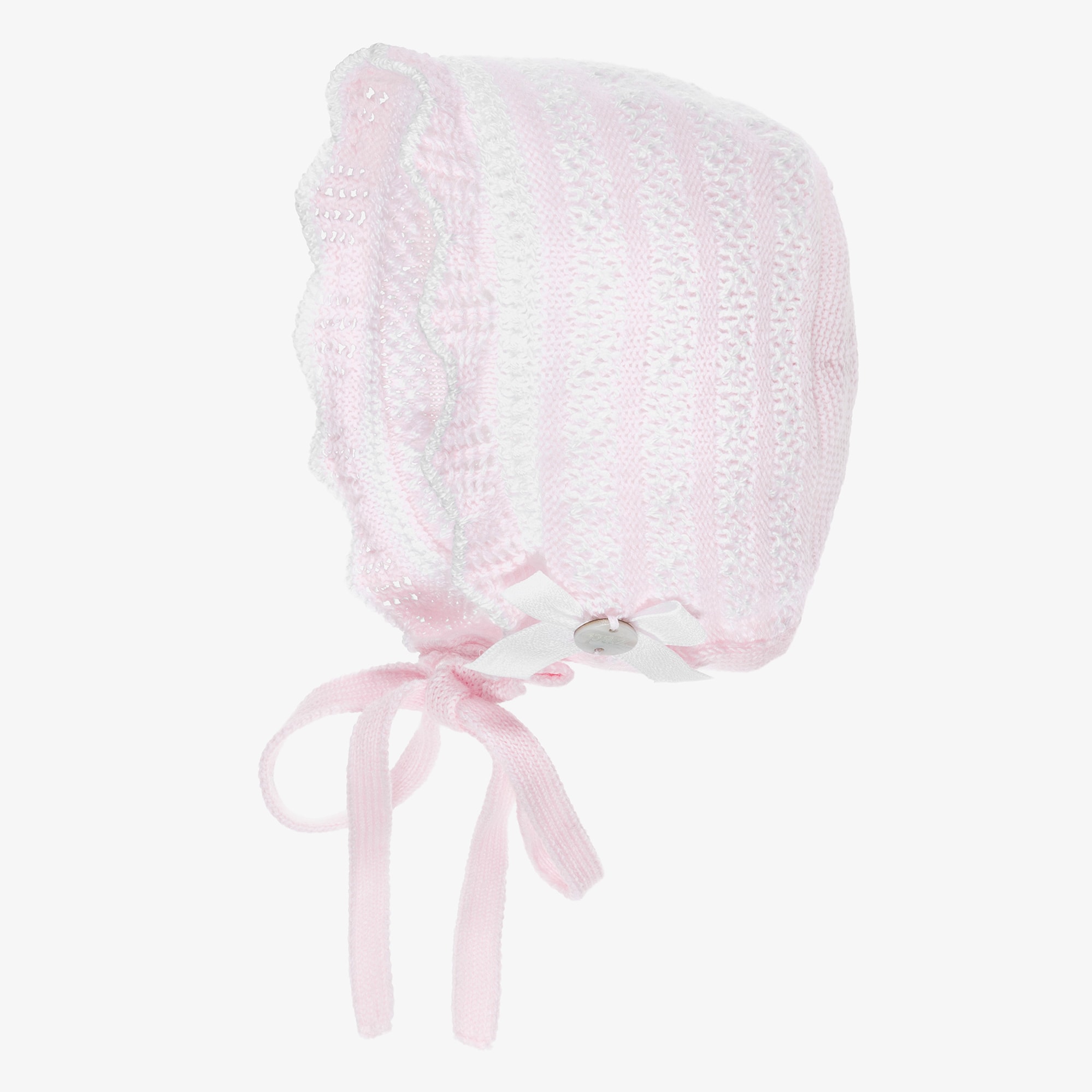 Baby Girls Pink & White Lacy Knit Bonnet - View 3