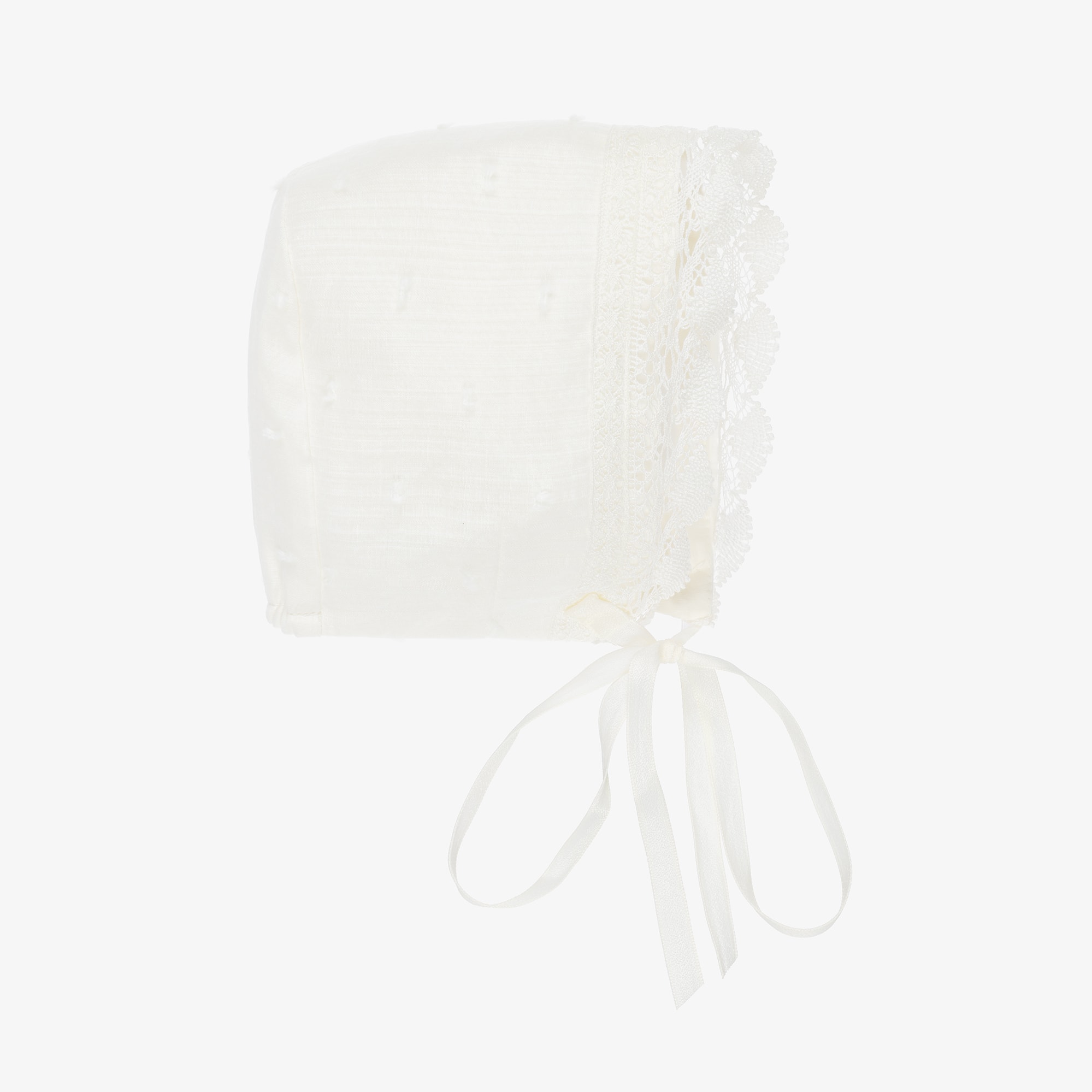 Ivory Cotton Baby Bonnet with Lace Trim - View 1
