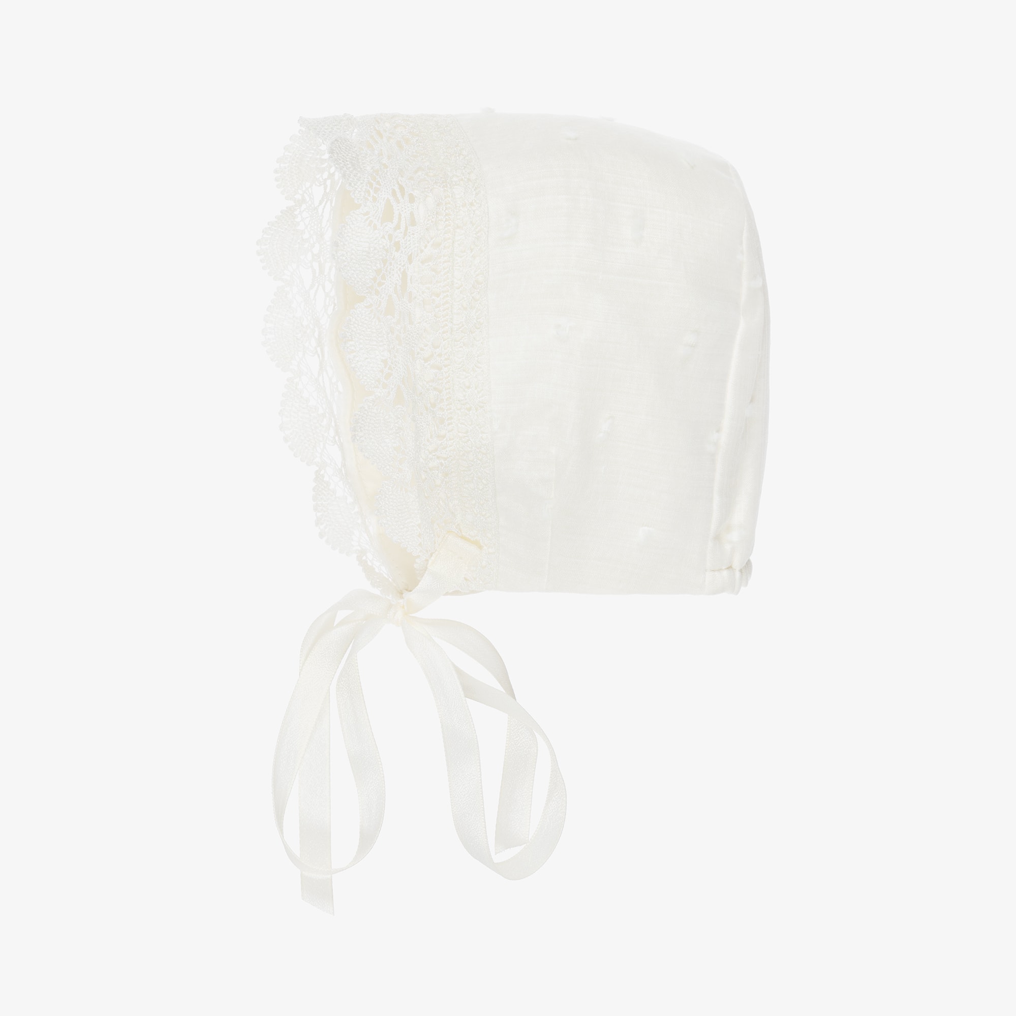 Ivory Cotton Baby Bonnet with Lace Trim - View 3