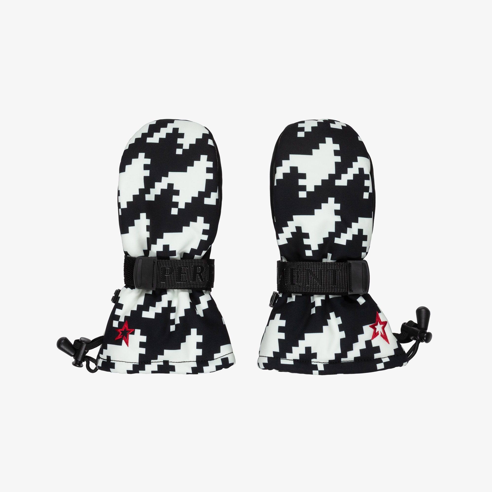 Black & White Houndstooth Davos Ski Mittens with Red Star Logo - View 1