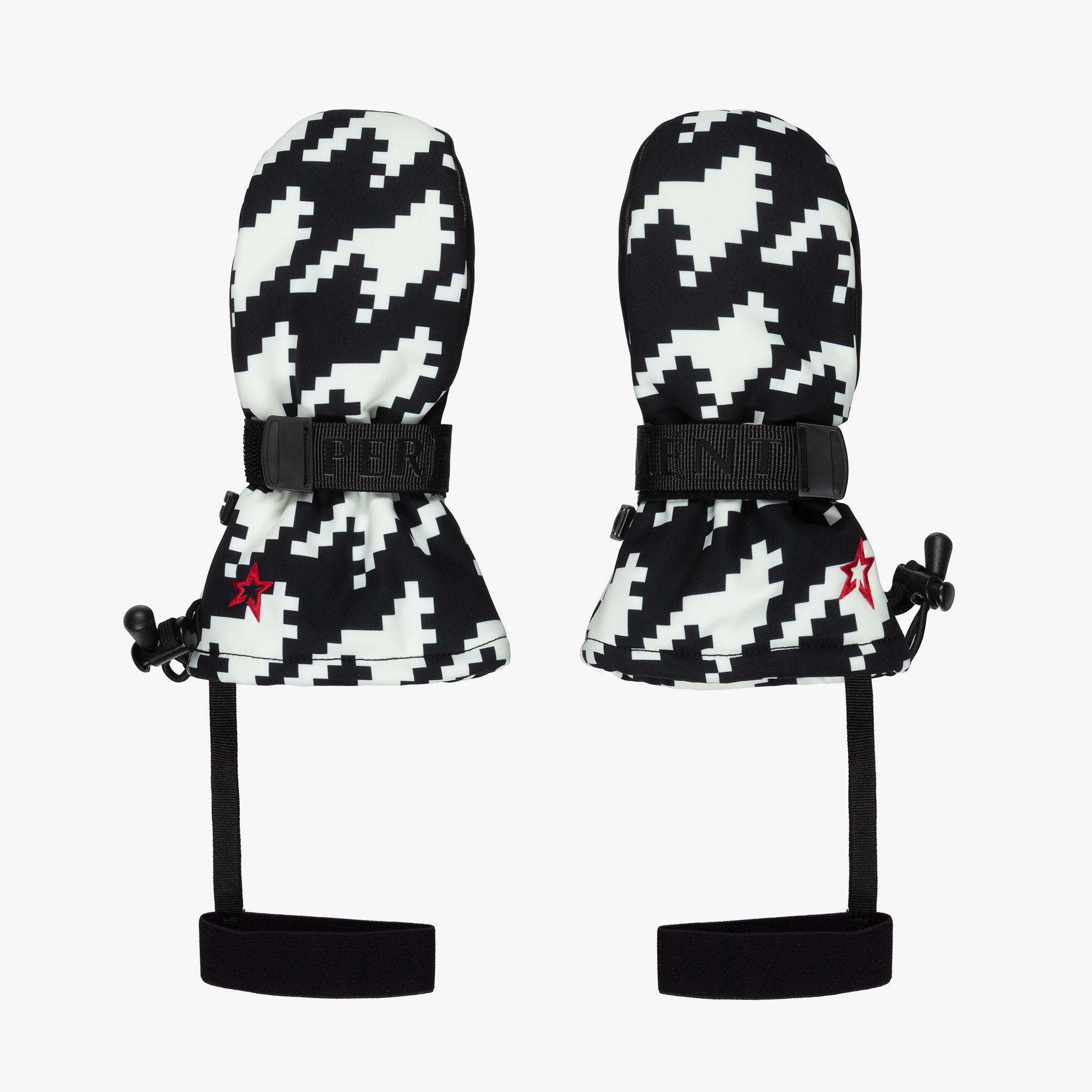 Black & White Houndstooth Davos Ski Mittens with Red Star Logo - View 3