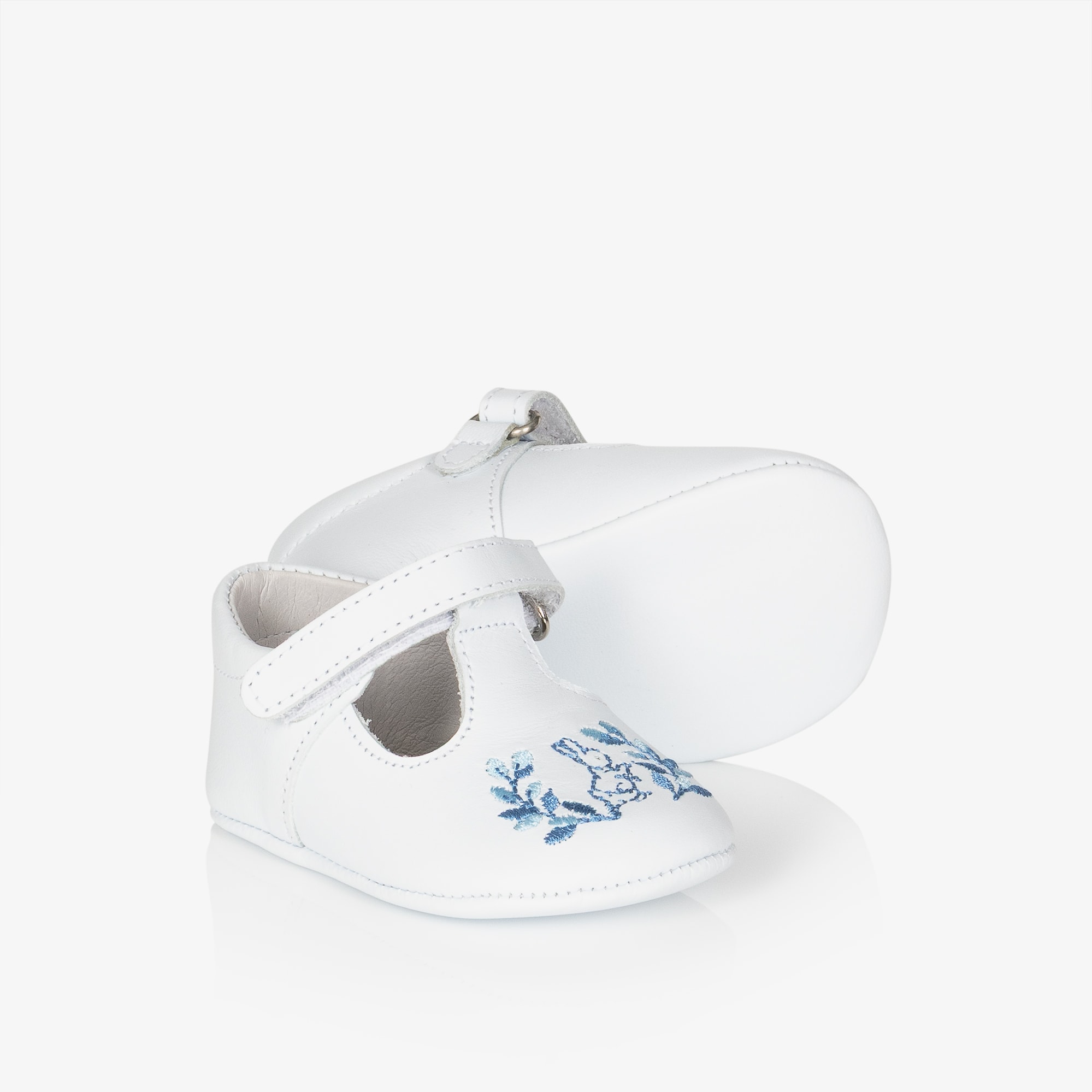 White Leather Pre-Walkers with Blue Peter Rabbit Embroidery - View 1