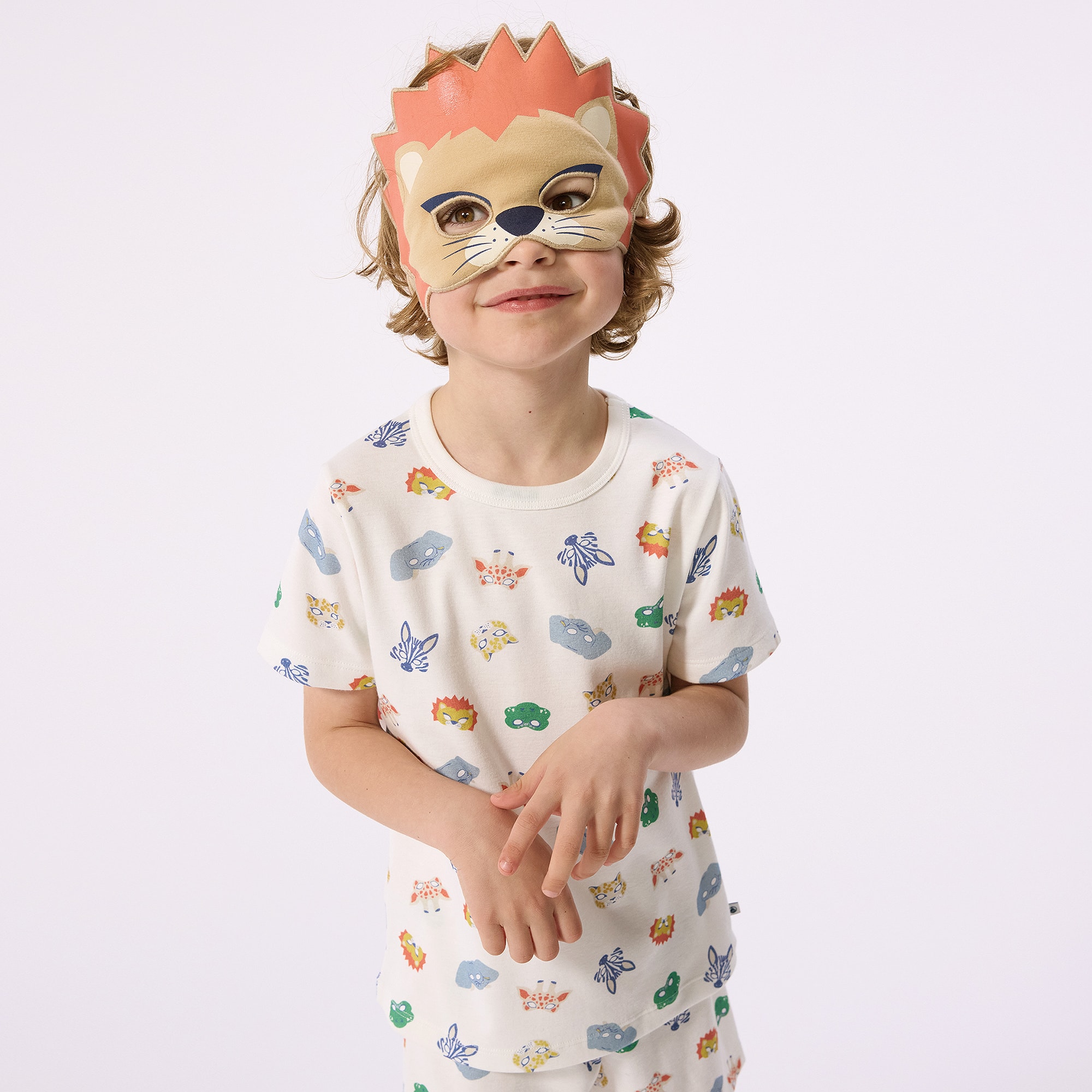 Boys Ivory Animal Print Cotton Pyjamas with Lion Mask - View 2