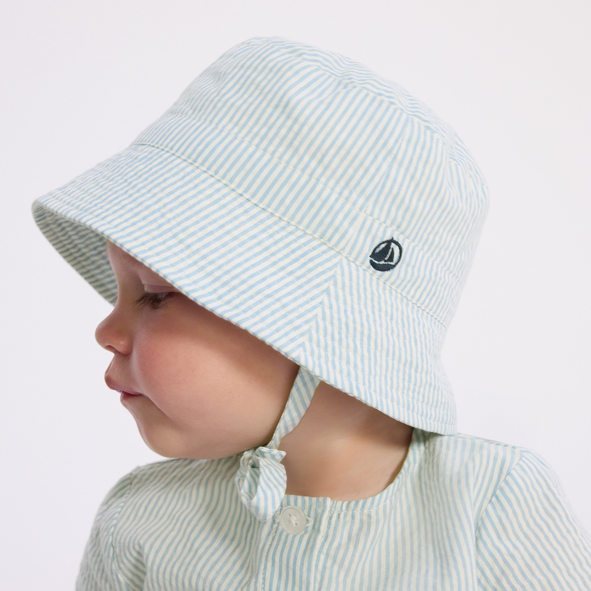 Light Blue & White Striped Cotton Sun Hat - View 2