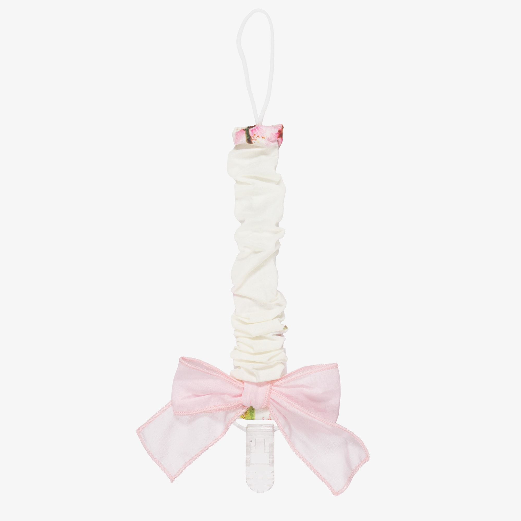 Baby Girls Ivory Blossom Print Dummy Clip with Pink Bow - View 1