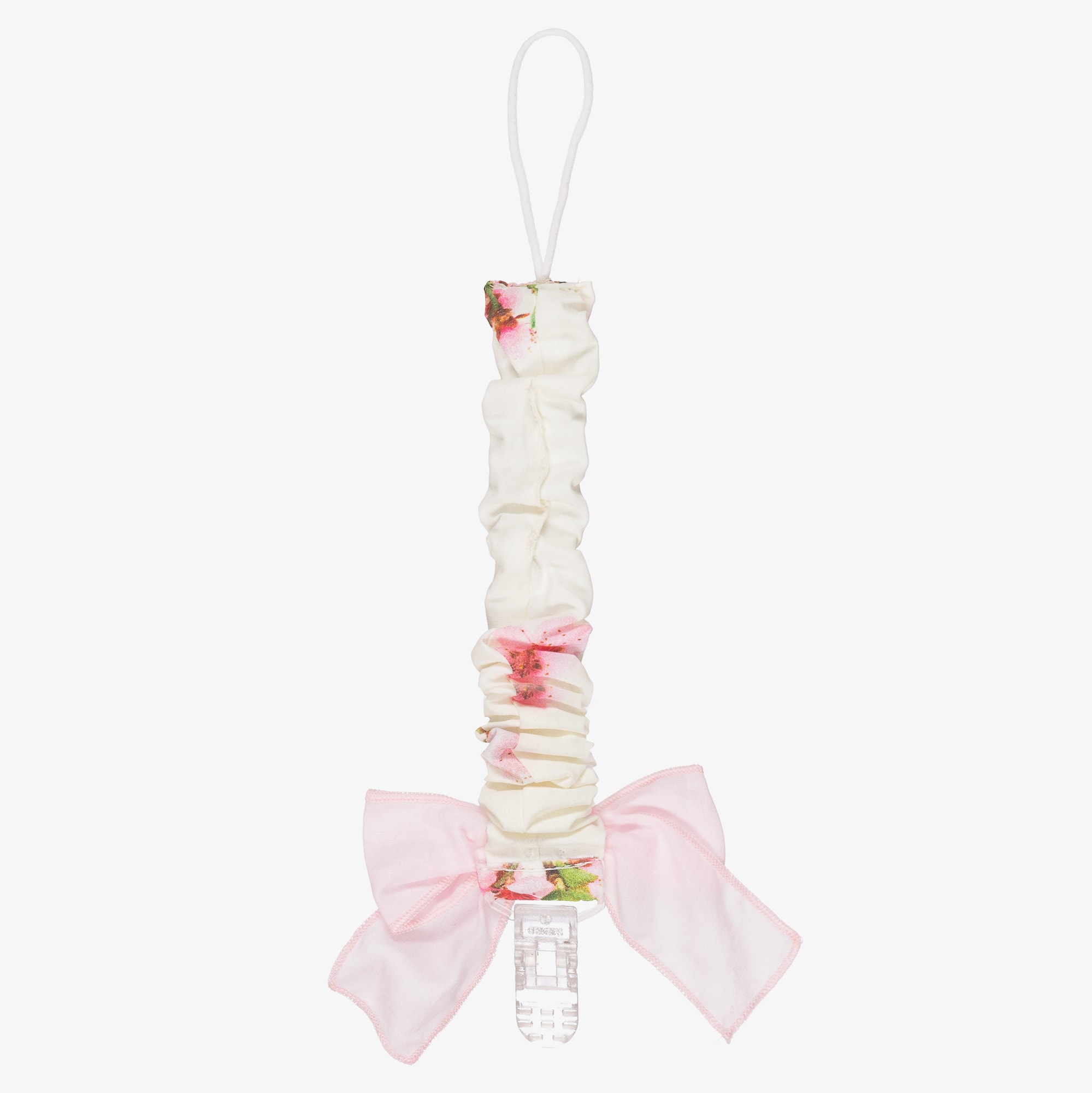 Baby Girls Ivory Blossom Print Dummy Clip with Pink Bow - View 2